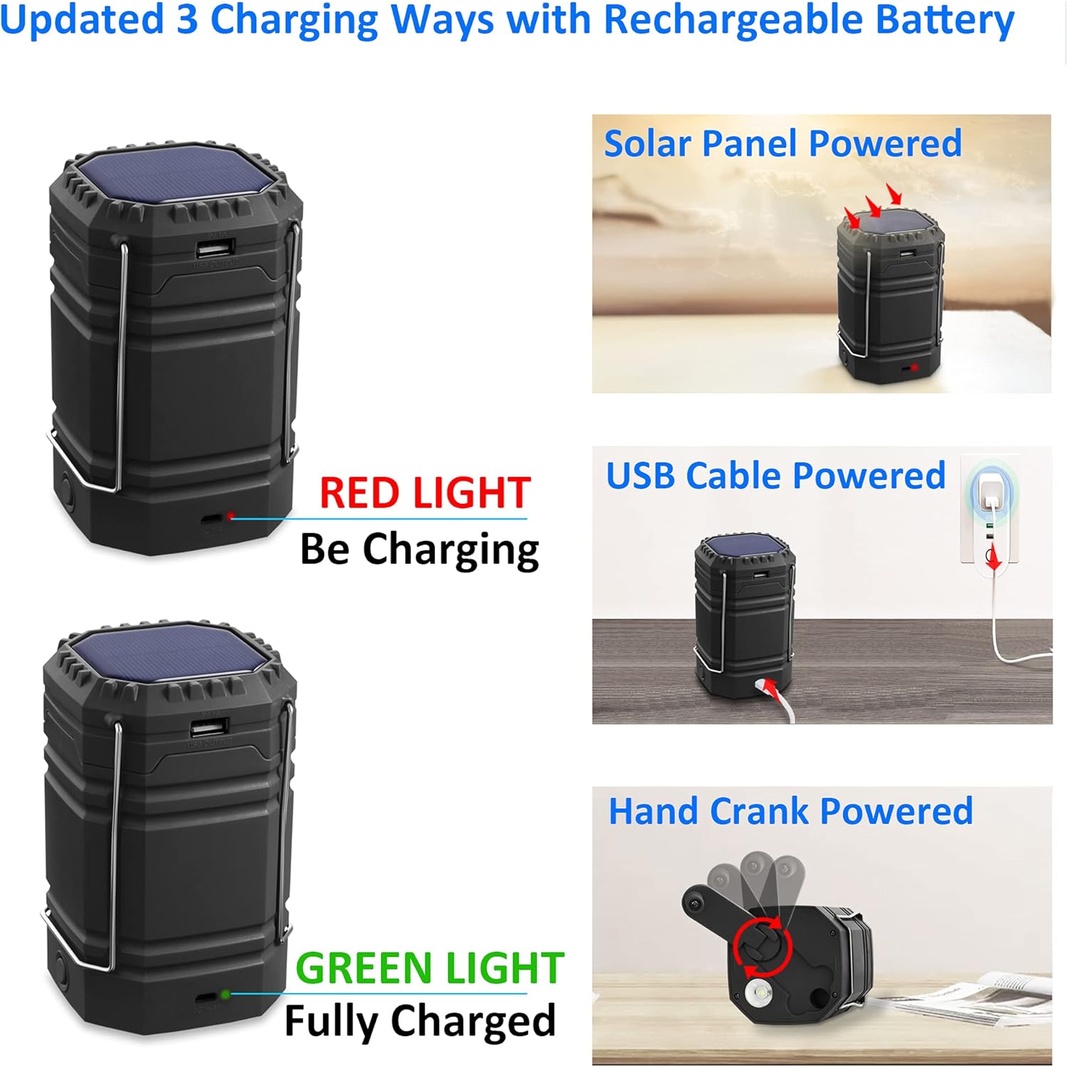 Hand Crank Camping Lantern Solar Powered, LED Rechargeable Lantern Flashlight with 3000mAH Power Bank, A Must Have Emergency Lantern Camp Light Collapsible for Hurricane, Survival, Power Outage,Tent - - 