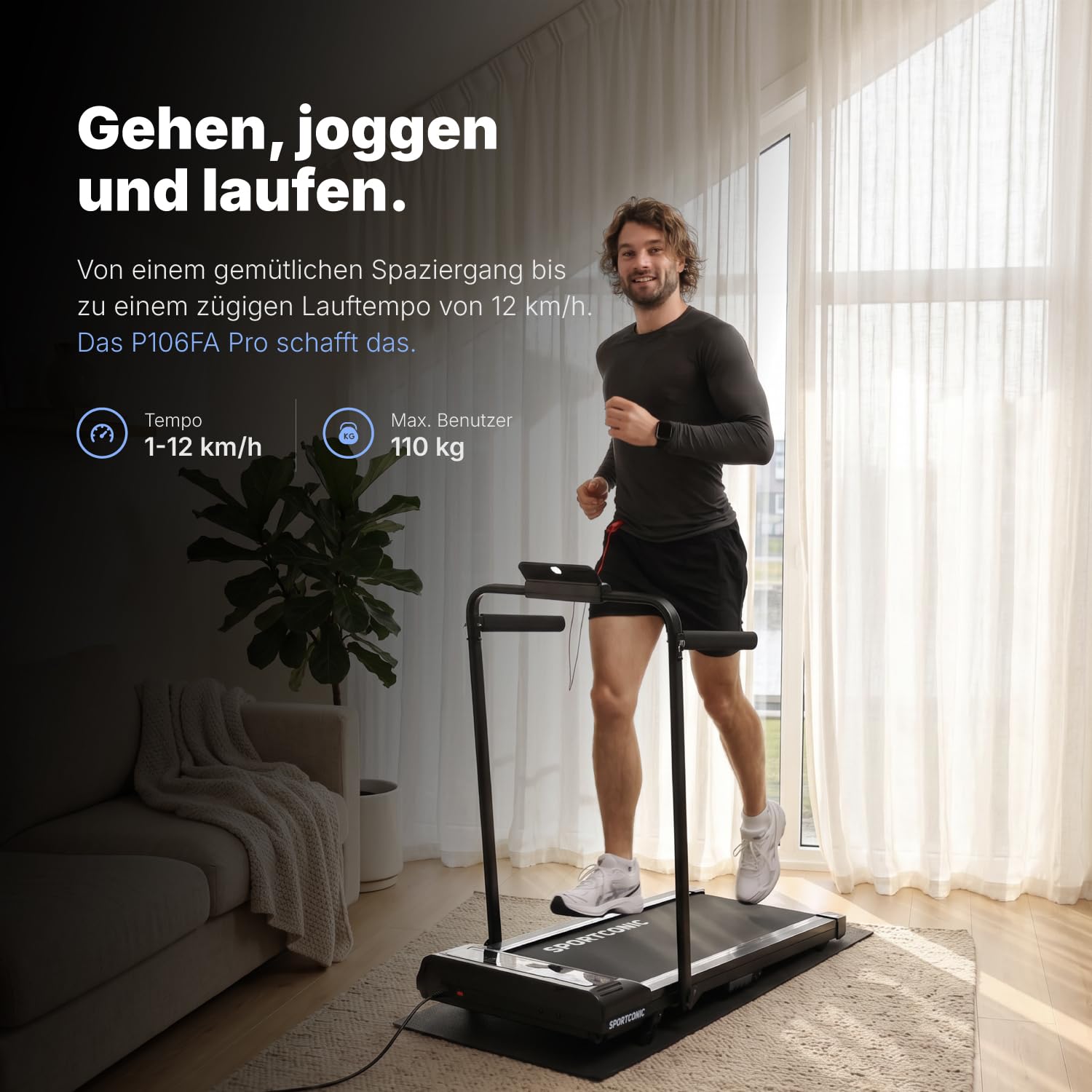 Sportconic Laufband für Zuhause mit Steigung, Walking Pad, Treadmill for Home, Kompakt und Leise, Laufband für Unter Schreiptisch