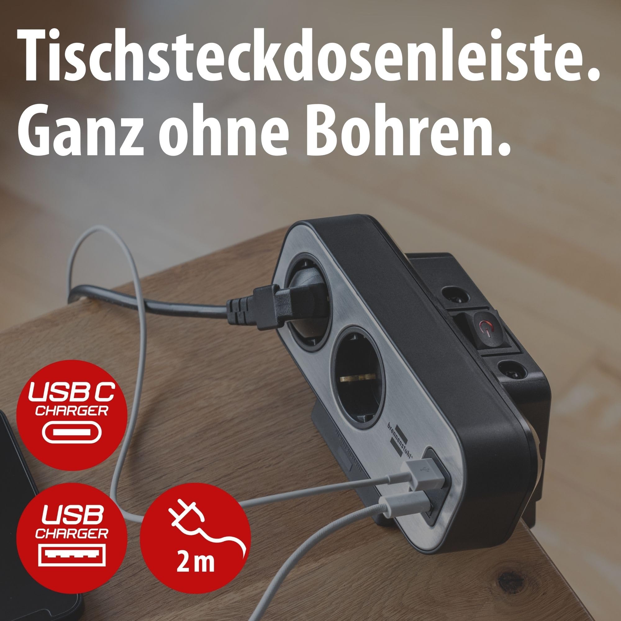 brennenstuhl®Estilo Duplex Tischsteckdosenleiste 10-Fach mit Schalter | Steckdosenleiste mit USB C Power Delivery, 1x USB C und 1x USB A, 10x Schutzkontakt-Steckdosen, 2m, silber/schwarz
