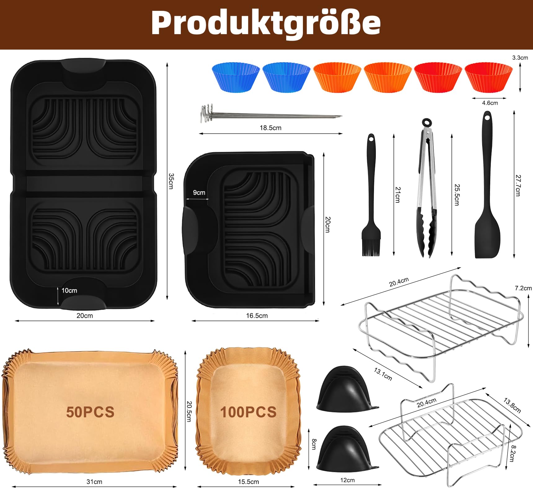 GMISUN Accessori per friggitrice ad aria calda, 10,4 l + 5,2 l + 5,2 l, 14 pezzi