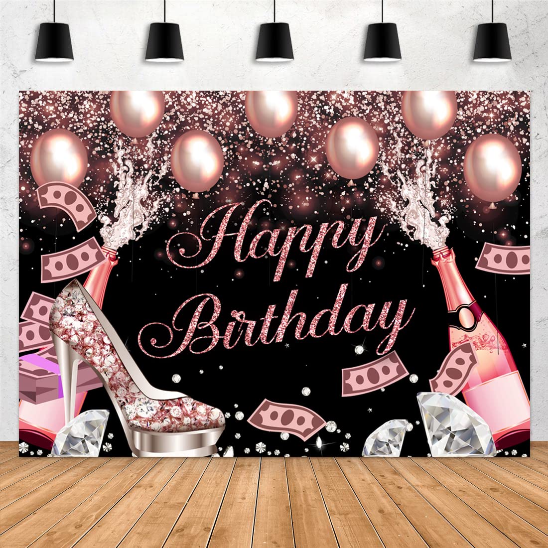 Aperturee Pink Rose Gold Happy Birthday Backdrop 7x5ft Glitter Dots Diamonds Balloons Sweet 16 18th Girls Women Photography Background Party