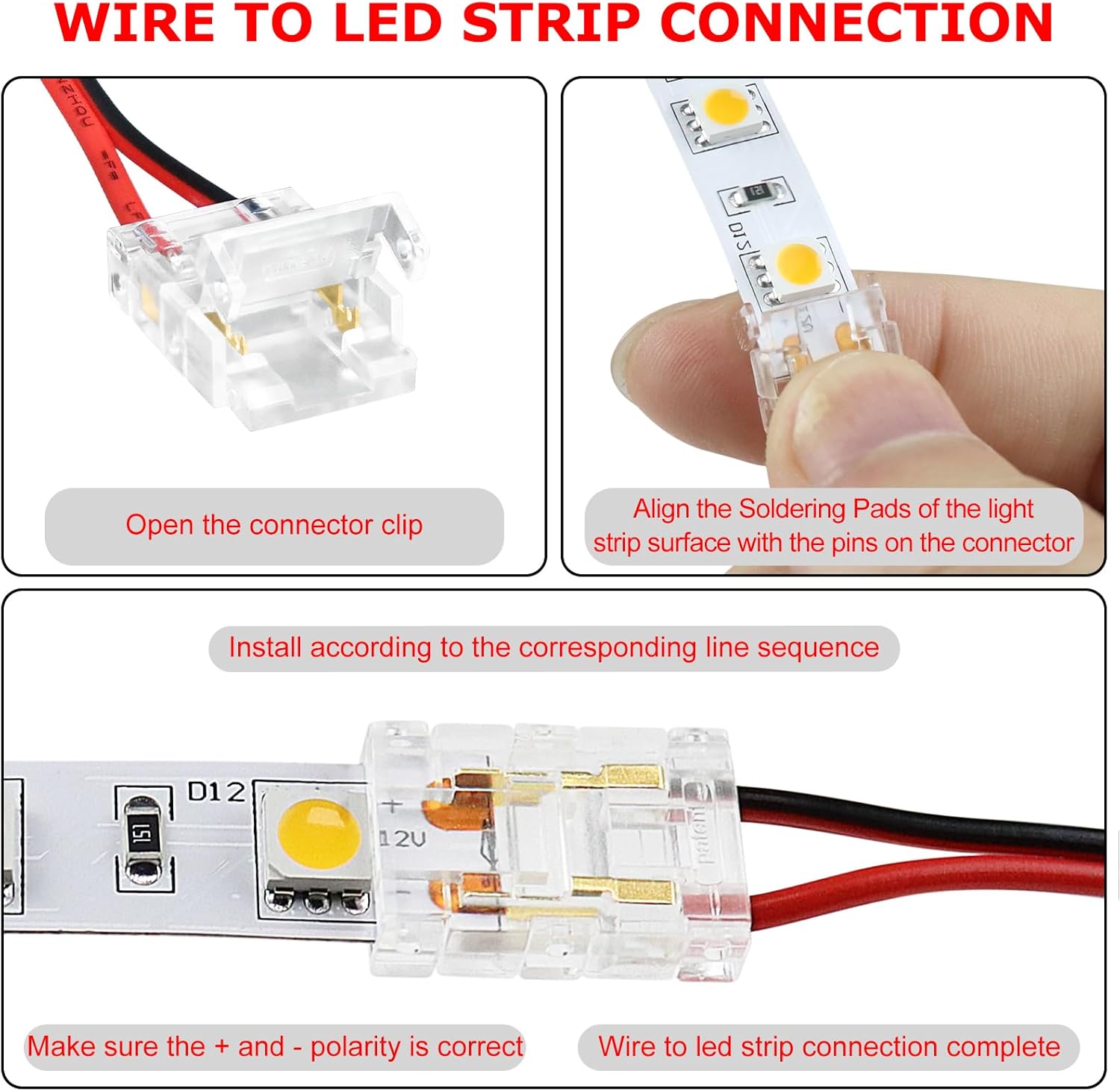 LightingWill LED Strip Connectors 2Pin 10mm, 10 PCS Solderless Pigtail, LED Connectors for Strip Lights, LED Tape Light Connector for COB/SMD 5050 Single Color LED Strips