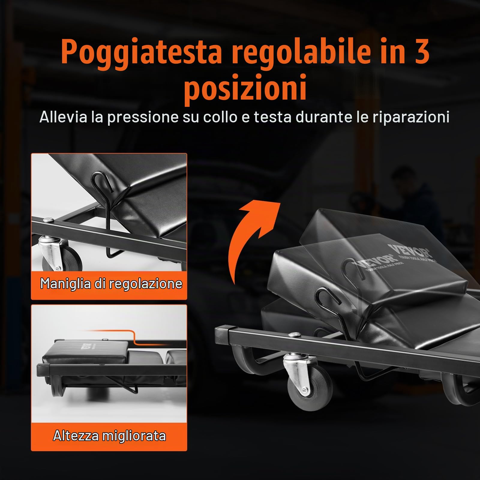 VEVOR Carrello per Garage Meccanico, 1016 mm, Capacità 136,1 kg, Carrello Auto 6 Ruote, Poggiatesta Ammortizzato Regolabile, Vassoio Portautensili, Telaio in Acciaio Resistente per Garage Officine