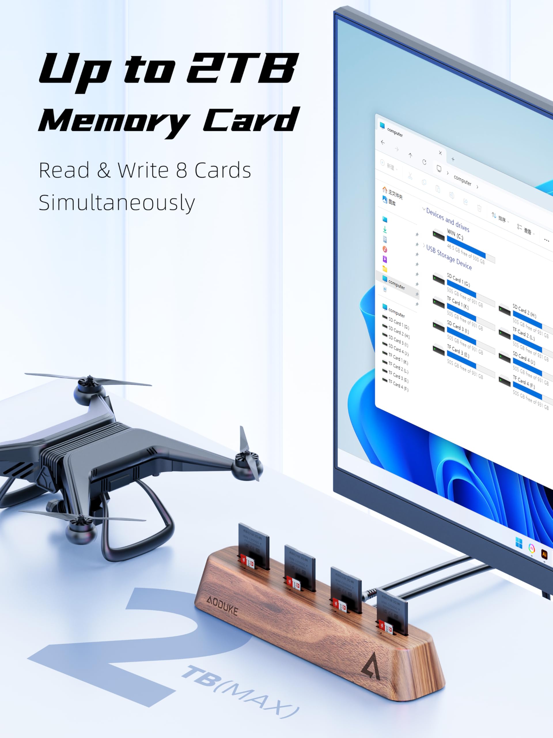 Lettore di schede SD USB 3.0 a 8 porte, design in legno di noce, dati da 5 Gbps, supporto simultaneo per schede Micro SD/TF3.0 e SD3.0, lettura e scrittura (compatibile UHS-I/II Card) AST43M