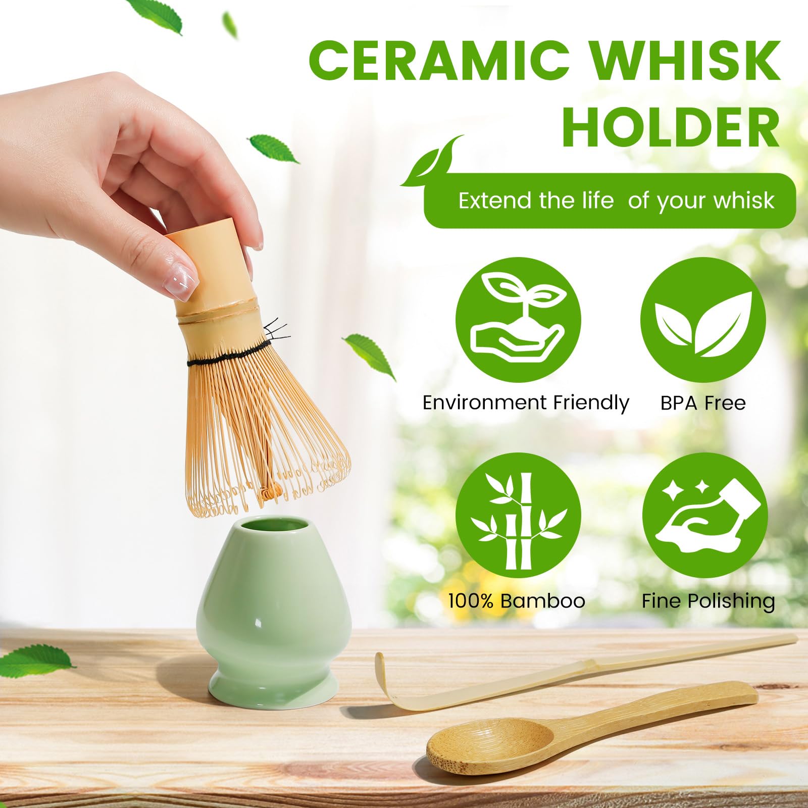 Kit da Cerimonia giapponese Matcha 4 Pezzi, Frusta Matcha Verde in Resinoso, Cucchiaio in Bambù, Paletta in Bambù, Porta Frullino, Matcha Set per la bevanda