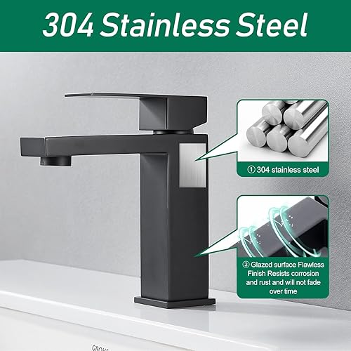 Miniatura 3 de VOTON Grifo de baño negro mate 1 agujero, grifo de tocador de acero inoxidable para fregadero de baño con placa de cubierta mangueras de suministro