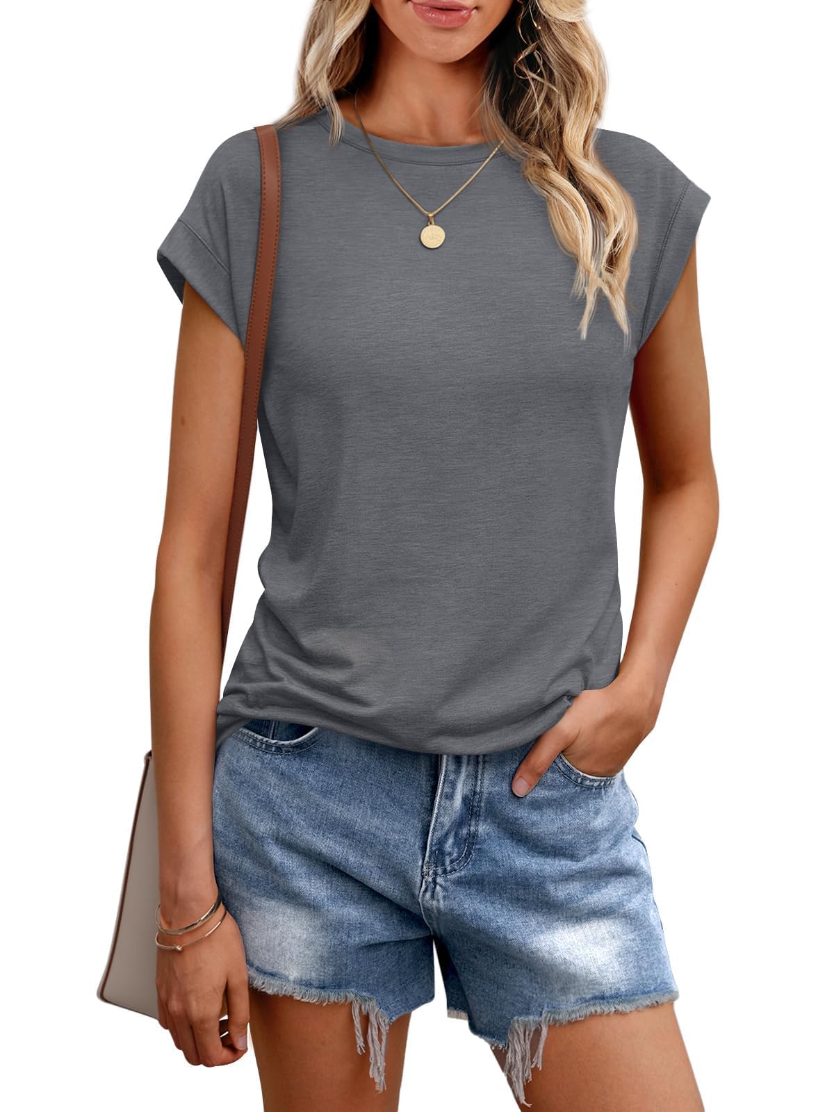 Cuptacc T-Shirt Damen Sommer Tops Für Damen Oberteile Rundhalsausschnitt Business Bluse Kurzarm Tops Teenager Mädchen Grau XL 46-48