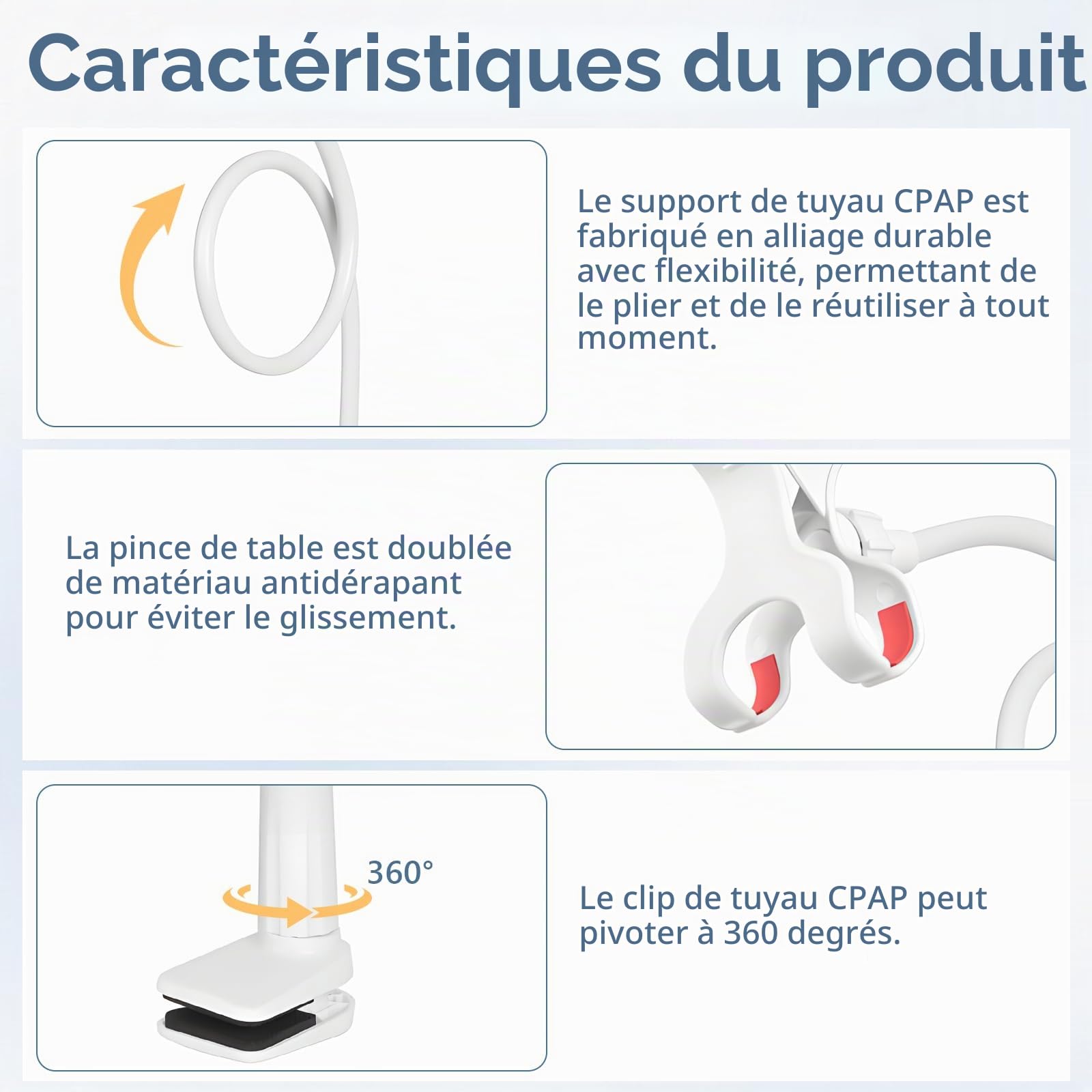 CPAP Support de tuyau, rotation à 360°, levier de tuyau CPAP et support de tuyau, crochet de suspension pour prévenir les fuites et l'enchevêtrement, appareil d'apnée du sommeil CPAP (blanc)