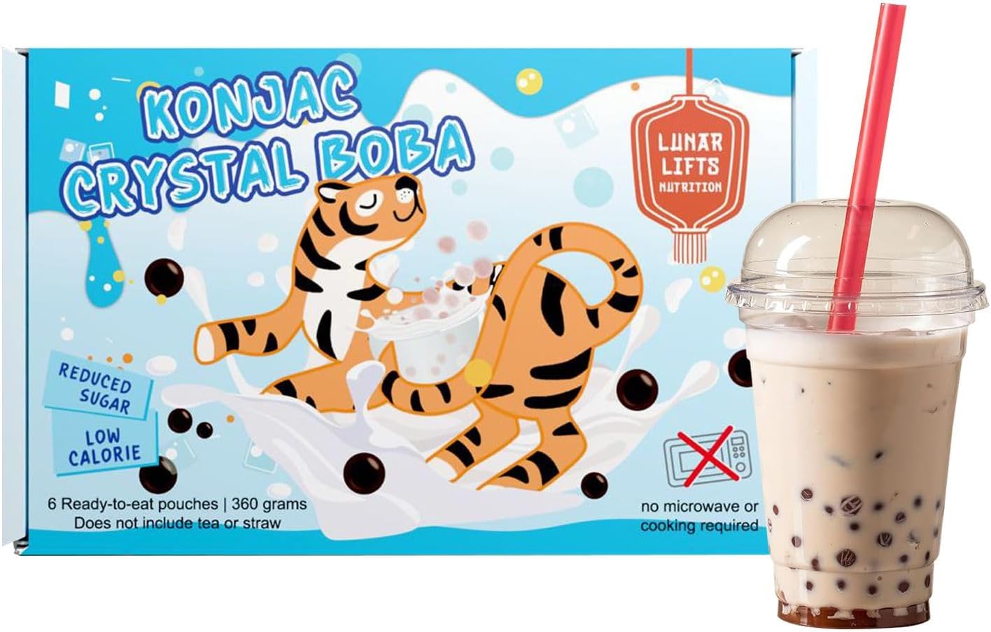 Konjac Crystal Boba made with Konjac Jelly, Low Calorie, Reduce Sugar, Vegan Chewy Pearls for Bubble Tea, Smoothies, and Desserts, 6 Ready to Eat Pouches (360g)