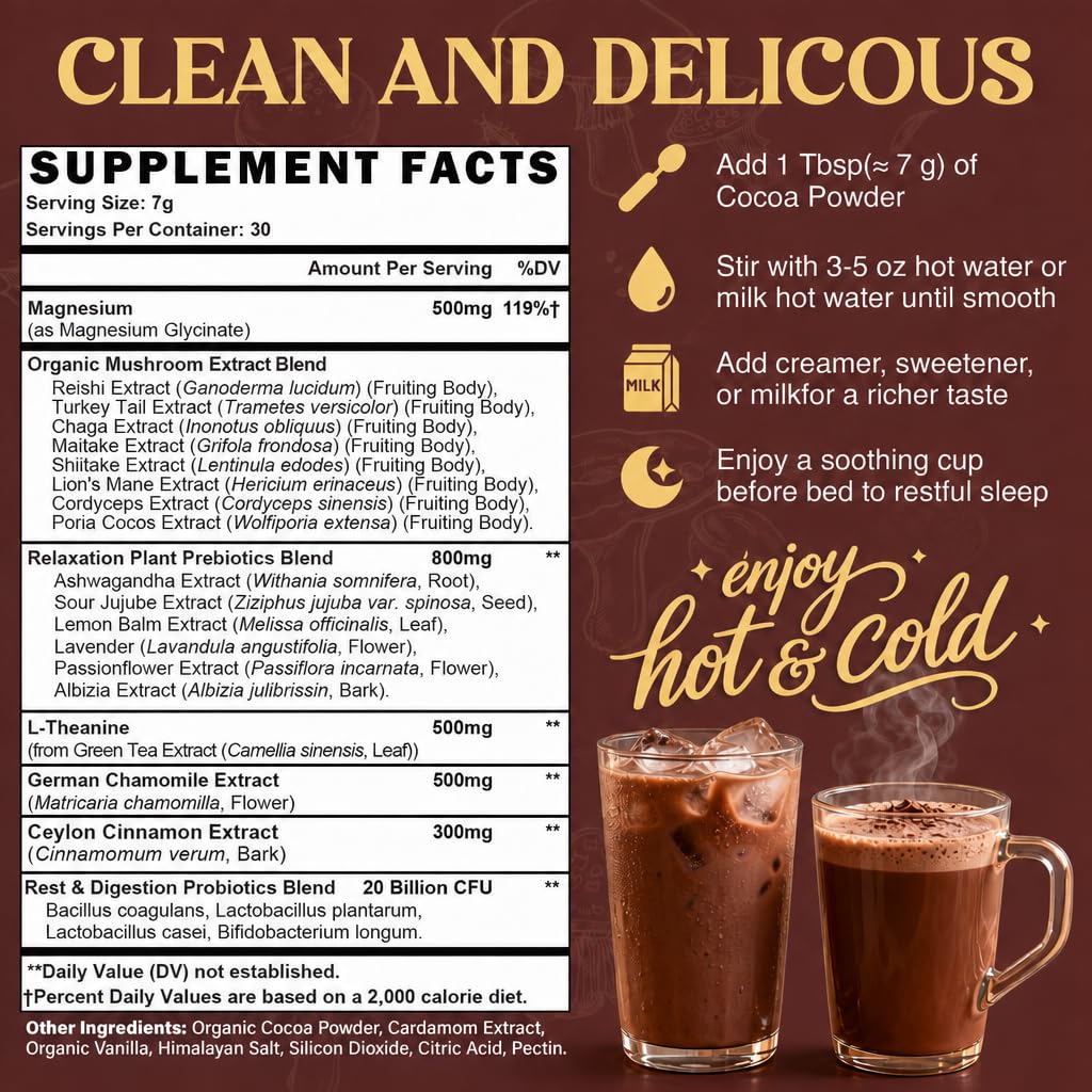 Mushroom Hot Cocoa Powder with Magnesium Glycinate, L-Theanine, Probiotics — Amazon image 2