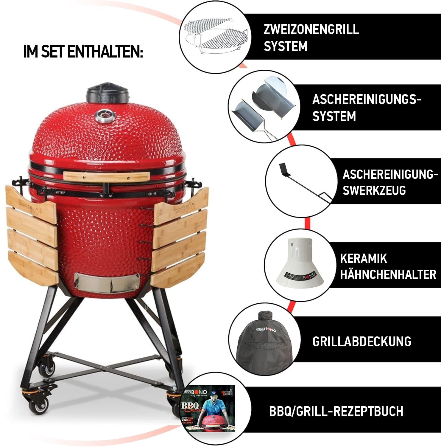 Kamado Bono Grande BBQ Grill Diameter 59 cm and 6 Additional Grill  Accessories - Red Kamado Grill - Ceramic Grills for Outdoor Use - Perfect  for BBQ and Barbecue : Amazon.de: Garden