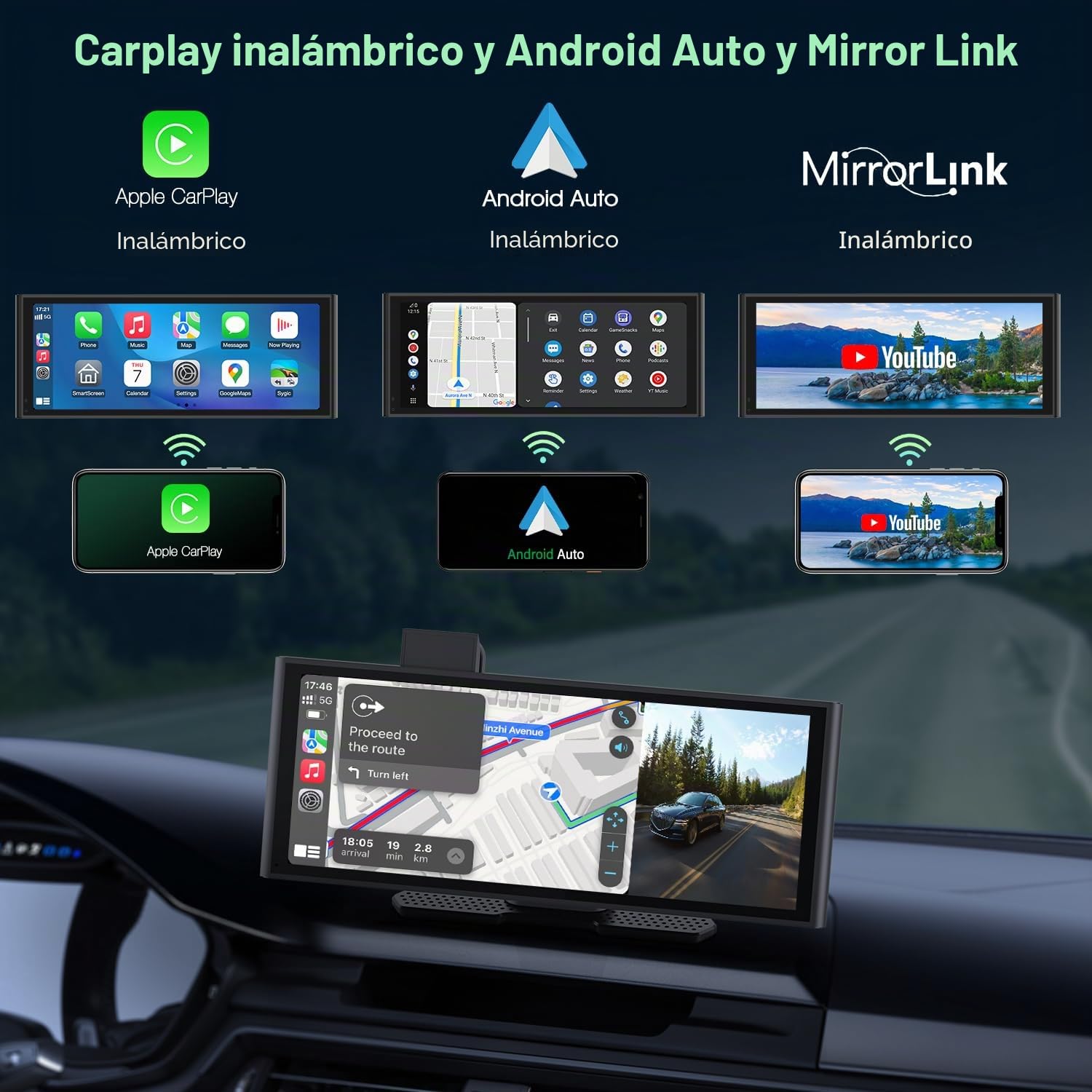 Pantalla Coche CarPlay Inalámbrico 10,25" Car Play Android Auto Estéreo con Dashcam Delantera Trasera 4K+1080P Sin Instalación Navegación Bluetooth FM AUX Tarjeta TF 64GB