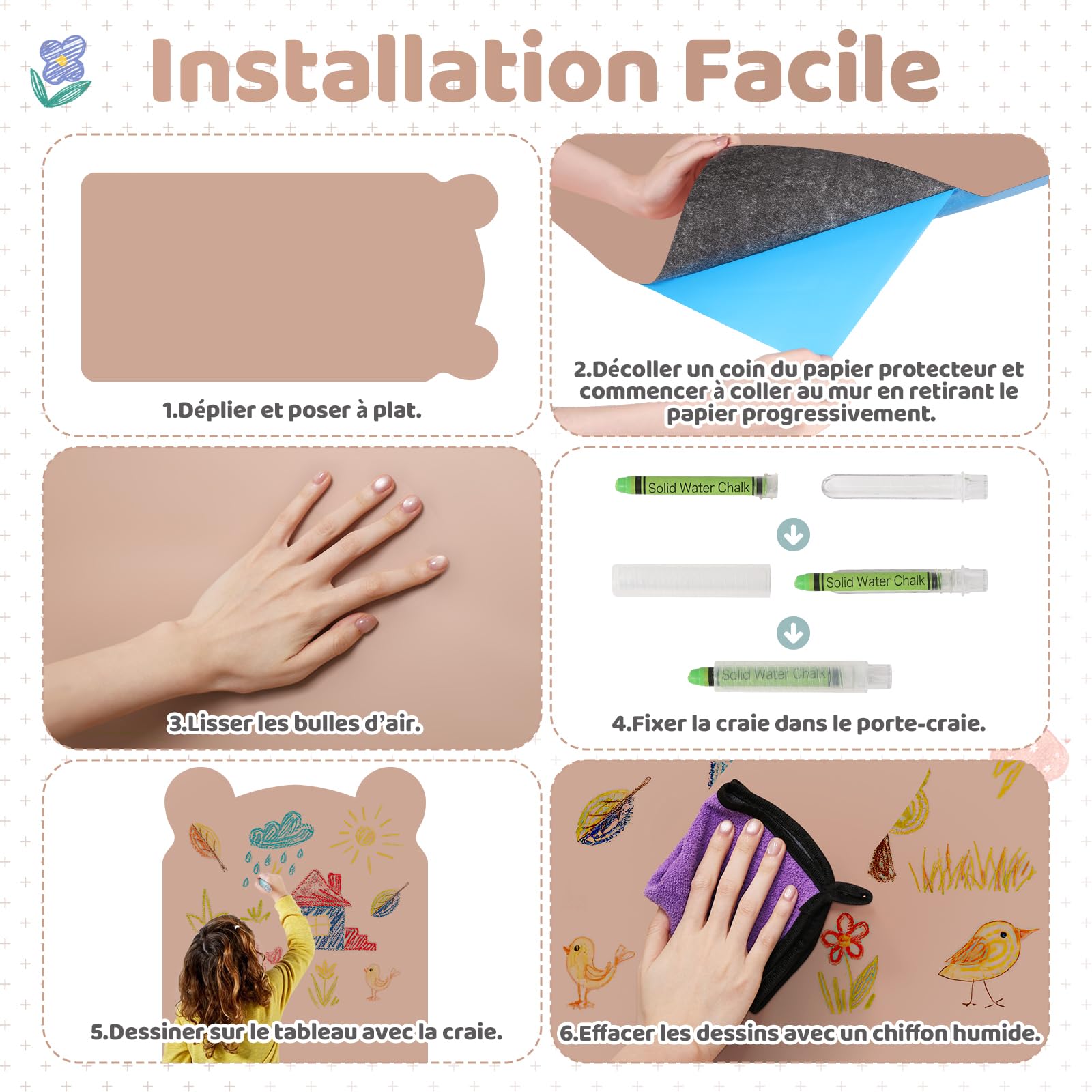 Tableau magnétique - 120 x 60 cm - Motif petit ours - 12 stylos à craie, 1 chiffon de nettoyage, 6 supports à craie, 1 boîte de rangement, 1 ruban adhésif, tableau à dessin magnétique (marron)