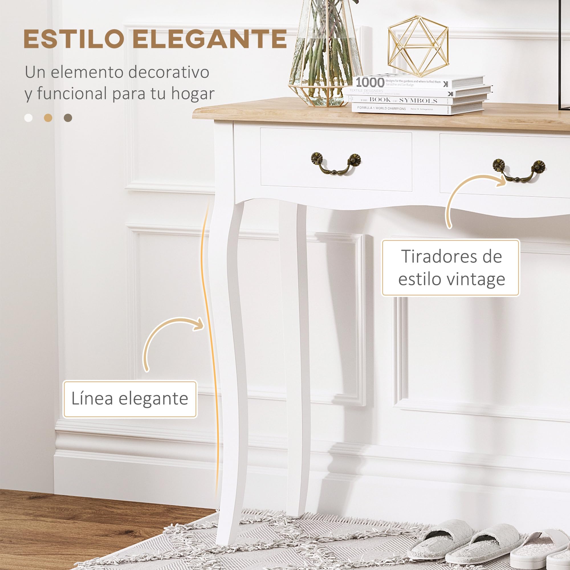 HOMCOM Mesa de Consola con 2 Cajones Diseño Retro 87x34x78,5 cm Blanco | Mesa Auxiliar, Entrada, Pasillo, Sala de Estar, Dormitorio, Pino