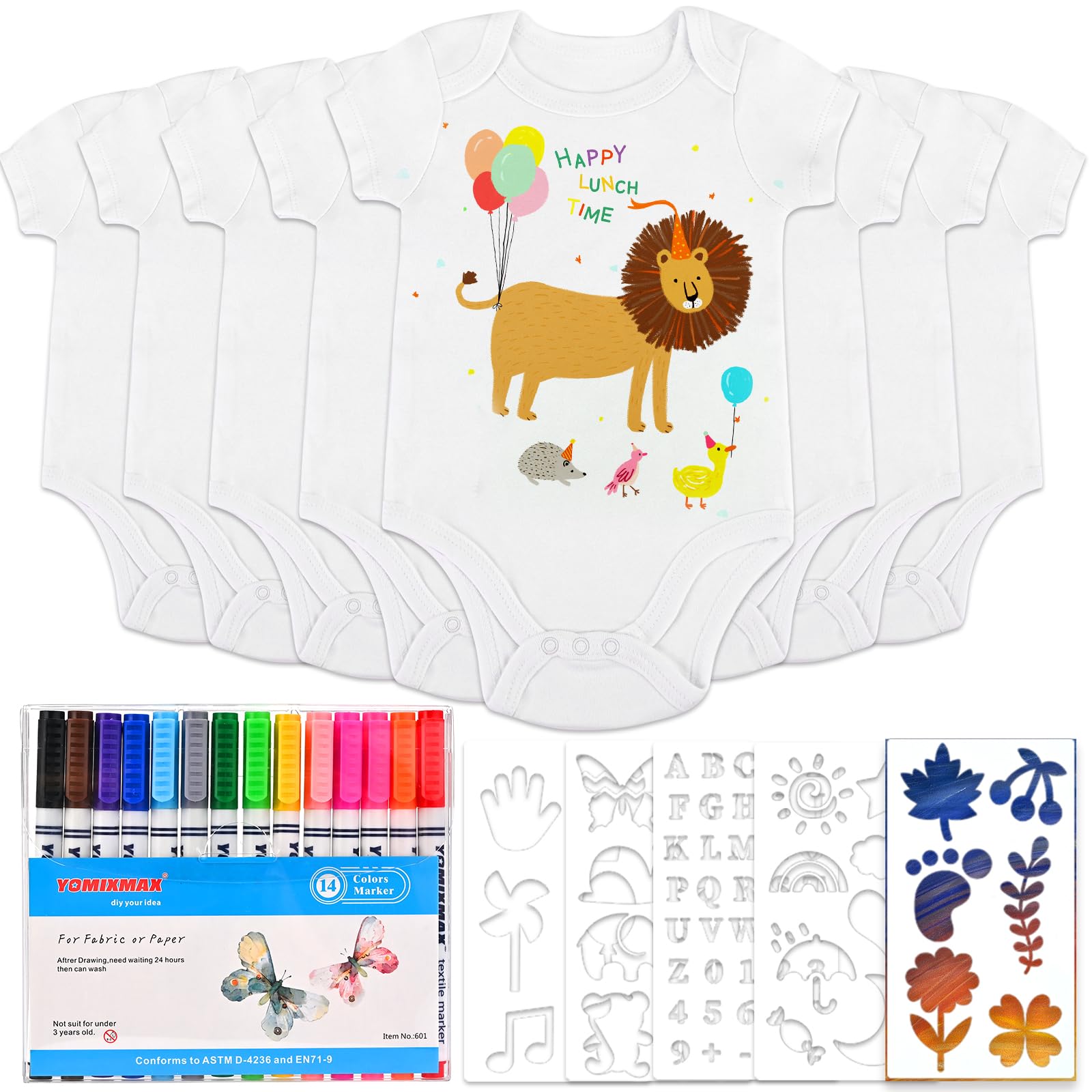 Tigvio Lätzchen zum Bemalen, Bodys zum Bemalen für Babyparty, Kurzarmbody und Lätzchen mit 14 Bunte Textilstift Schablonen für Babyparty spiele Babyshower Gender Reveal Geschenk
