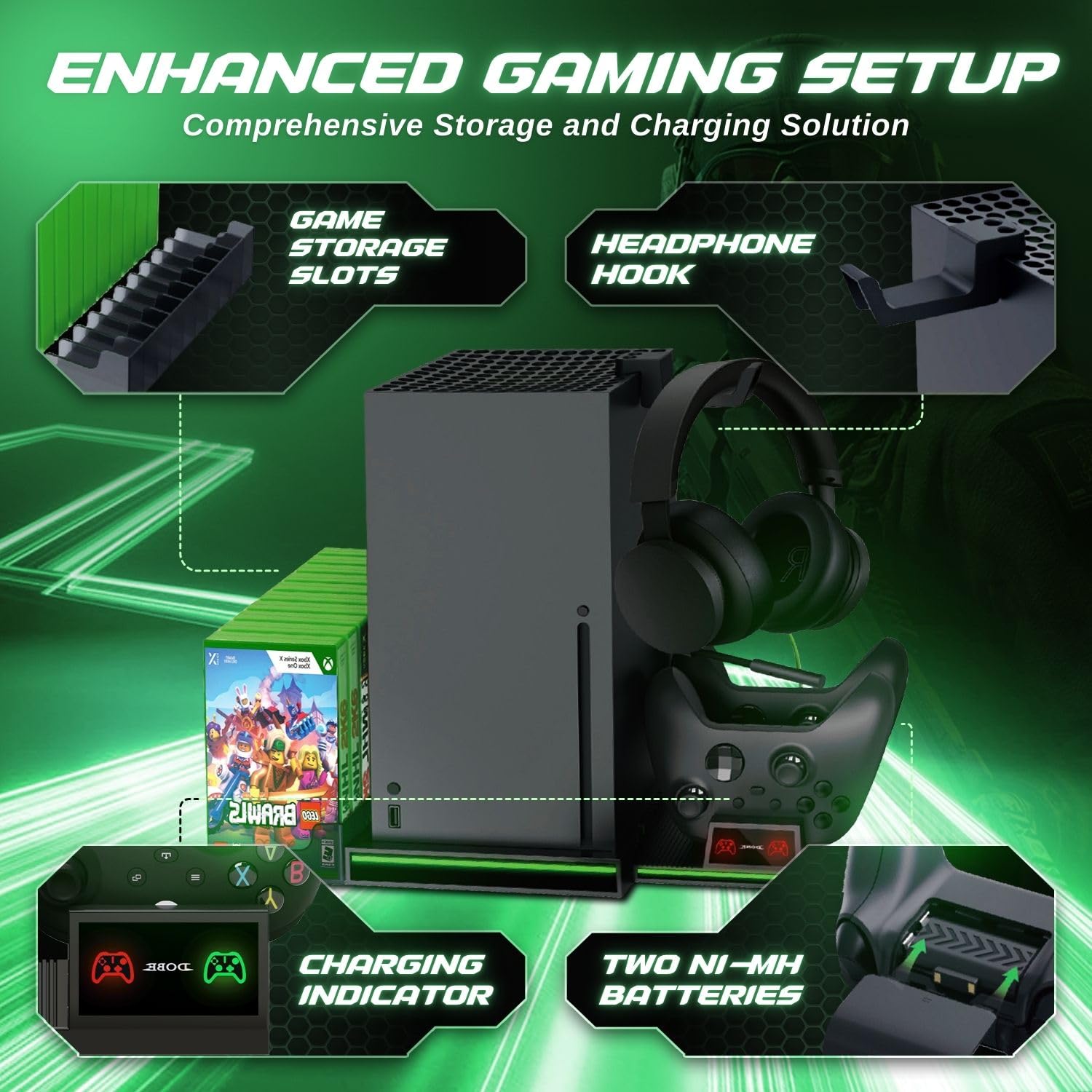 TNP Support vertical pour Xbox Series X – Station de charge pour manette avec 2 batteries rechargeables de 300 mAh pour manette Xbox Series X – 10 emplacements de rangement de jeux et crochet pour