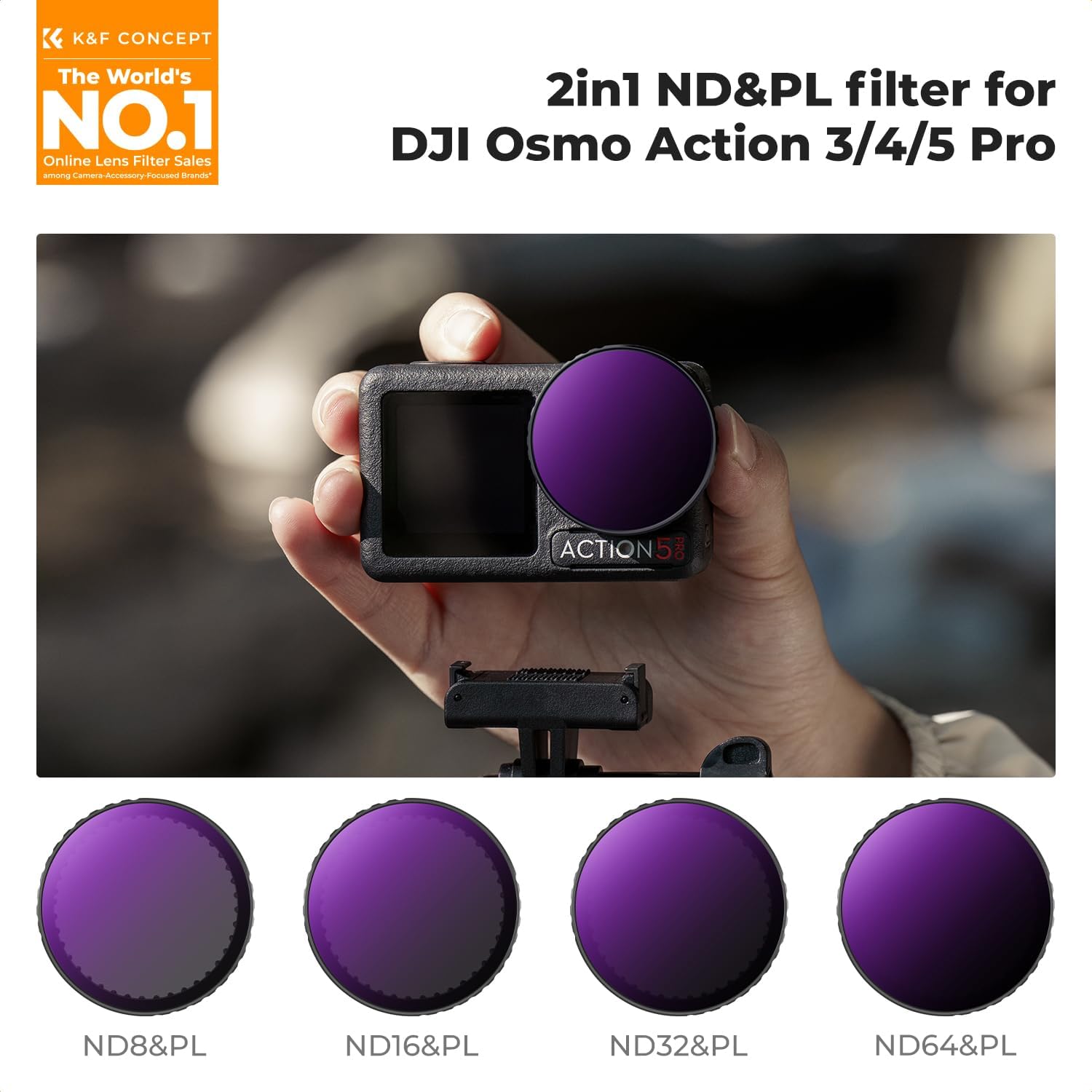 K&F CONCEPT 4 Pack Push-in Fit ND/PL Filter Kit Compatible with DJI Osmo Action 3/4/5 Pro, ND8/PL ND16/PL ND32/PL ND64/PL Neutral Density Polarizing Reduce Glare and Light Control Filters