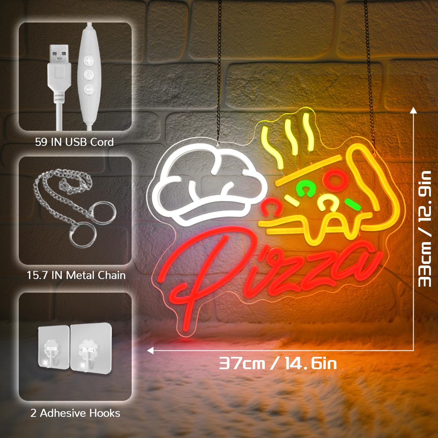 Pizza Letrero de neón Letreros con forma de pizza para negocios letreros LED USB de comida rápida luces de neón de pizza regulables para el hogar bar cocina restaurante pizzería fiesta