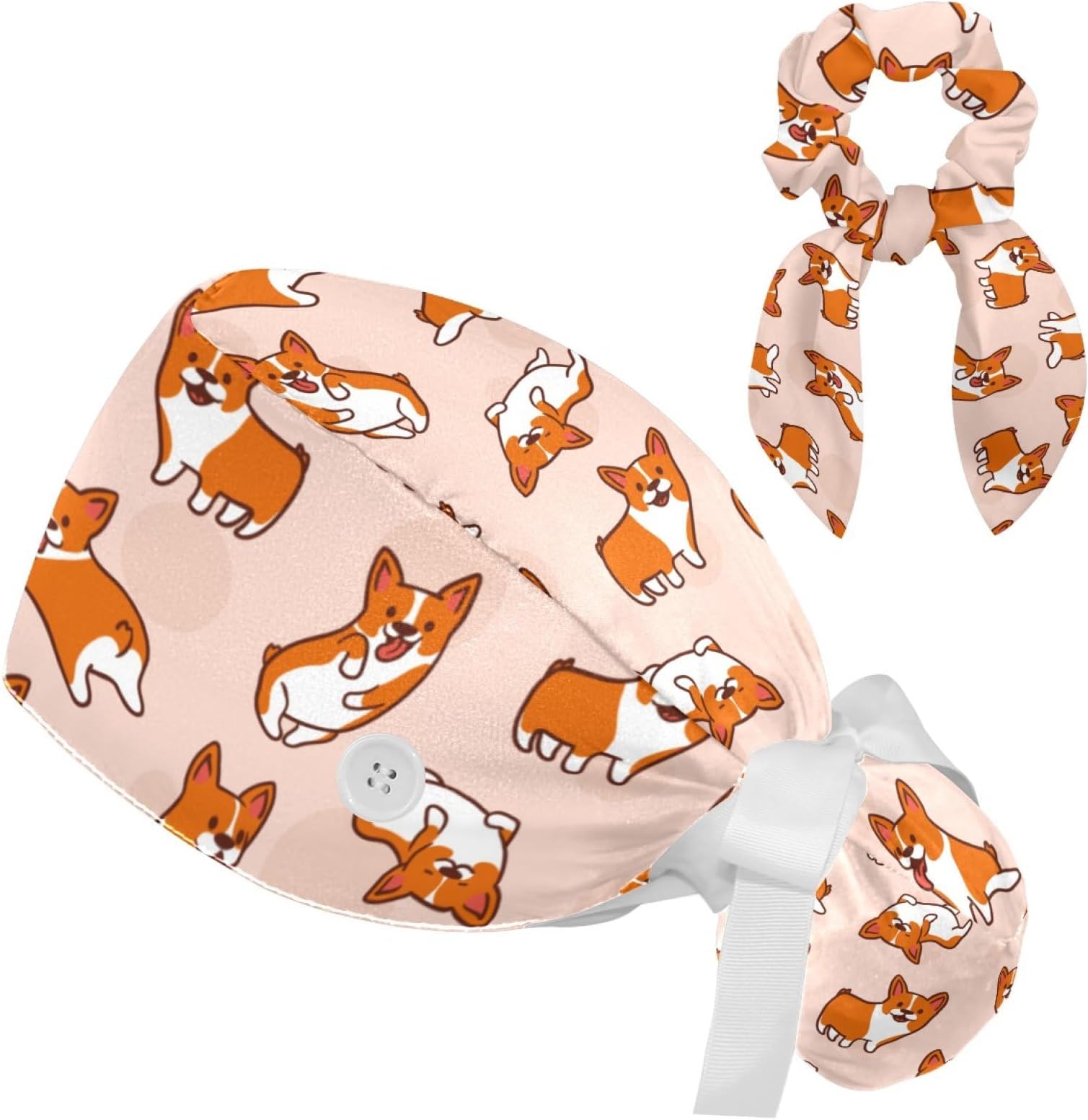 GenericChildish with Hand Drawn Dogs Adjustable Scrub Cap with Buttons Bow Hair Scrunchy Sweatband
