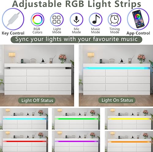 Miniatura 4 de Cómoda de 9 cajones con toma de corriente, cómoda con luz LED, cómoda moderna para armario, gabinete organizador de cajones doble ancho para