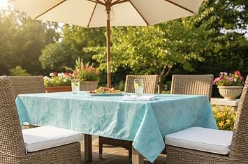 Serafina Home Summer Aqua Green Palm Sketch Umbrella Vinyl Tablecloths Patio Table Cover with Hole and Zipper Closure for Umbrella, 60" x 84" Inch Rectangle Palm Aqua