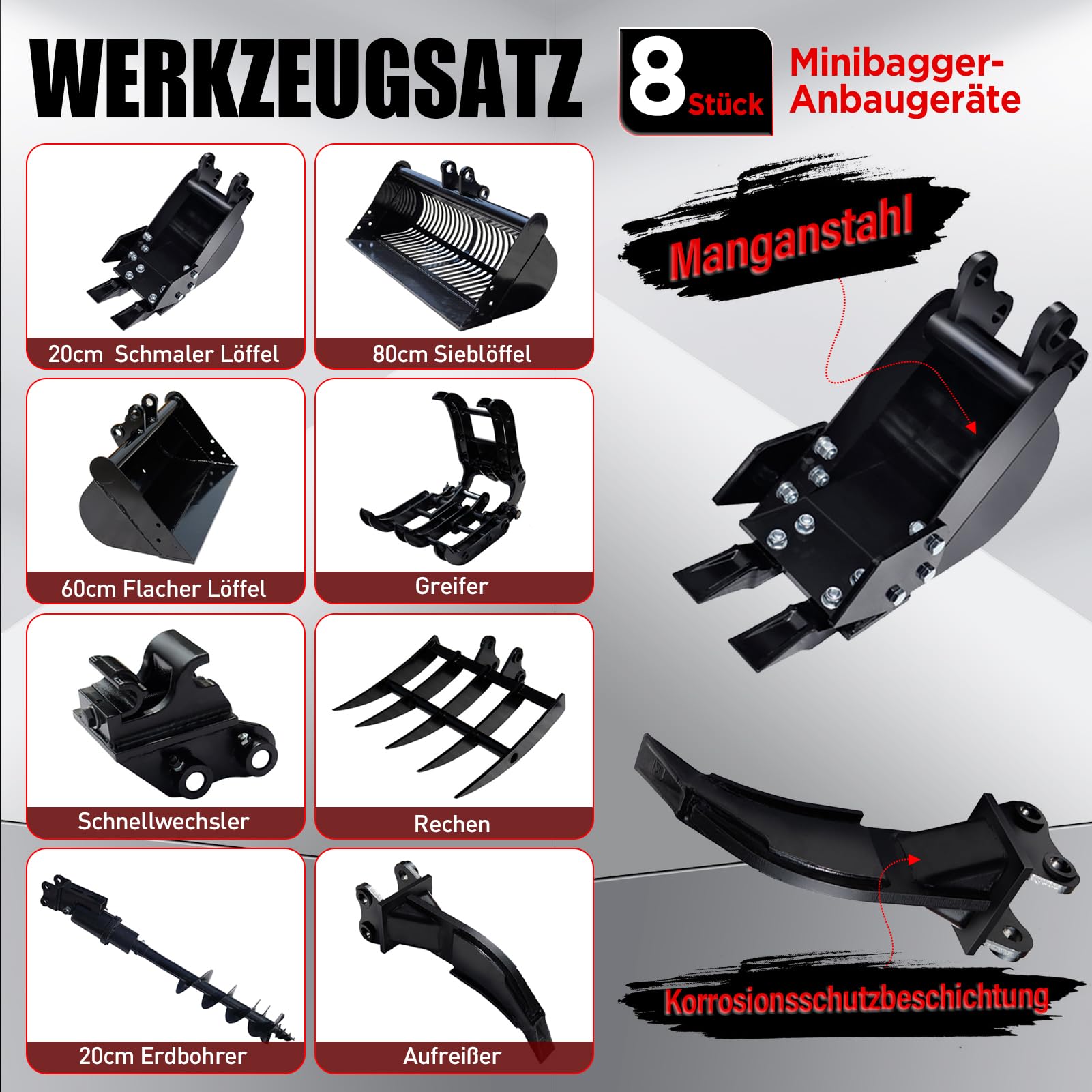 8-teiliges Minibagger-Anbaugeräte-Set 0,8–2 t, Löffel 20/60/80 cm | Schnellwechsler, Greifer, Reißzahn, Hydraulik-Erdbohrer, Wurzelrechen, Manganstahl, 6 Bolzen, Versand aus DE-Lager