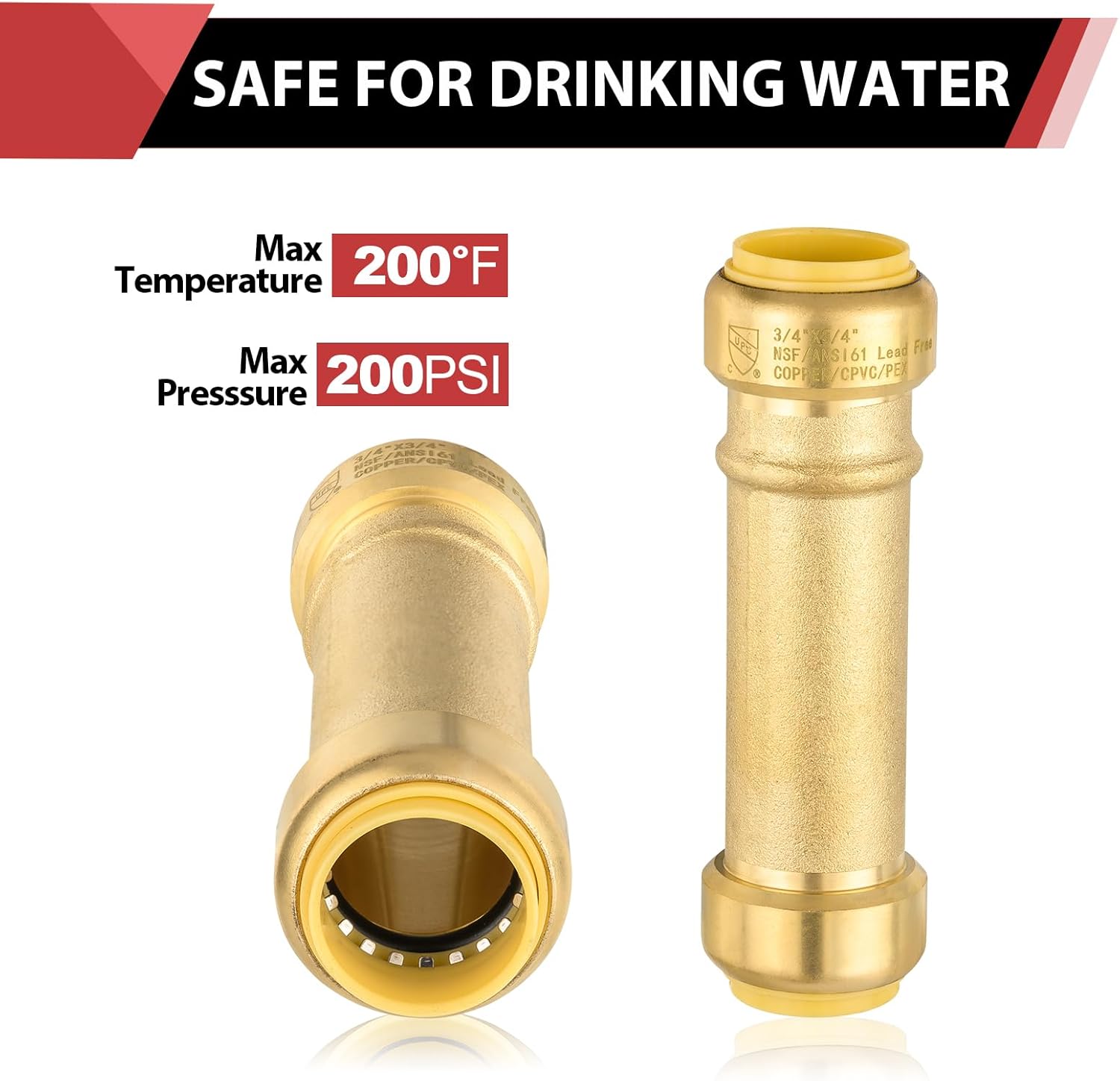 (Pack of 2) EFIELD 3/4-inch Push Fit Slip/Repair Brass Coupling, Push to Connect Pex, CPVC Pipe,with a Disconnect Clip,(PF107-2PCS)