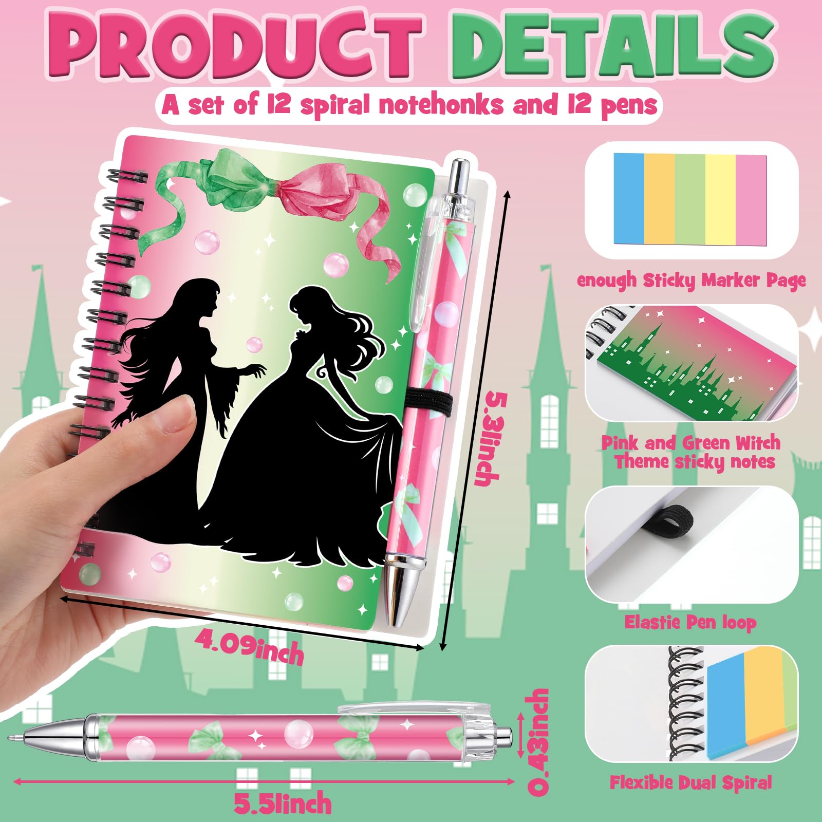 Resurhang Quaderni a spirale rosa e verde Mini taccuini principessa per strega forniture per feste stuffers compleanno sorority regalo bomboniere