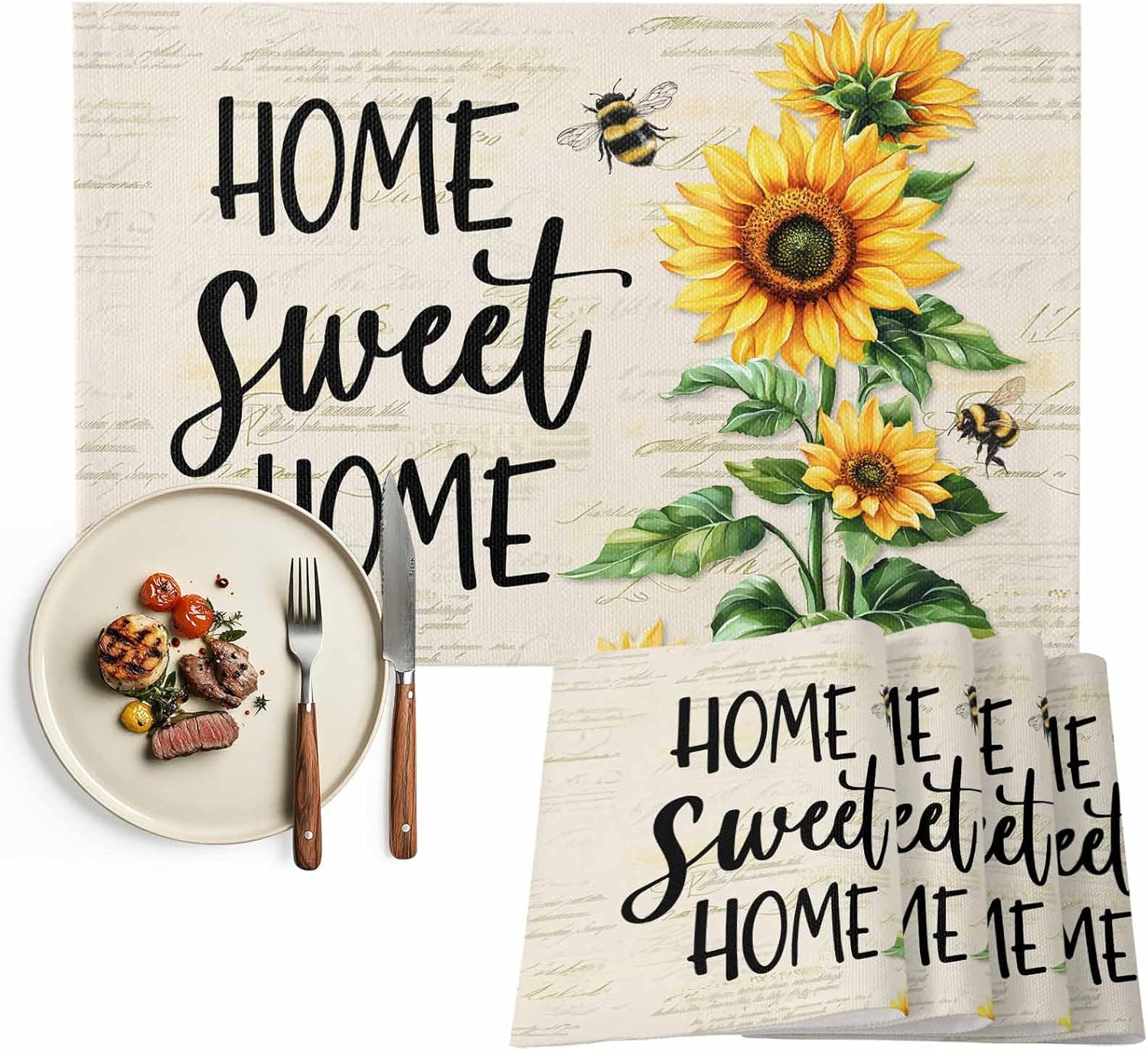 Vintage Sunflower Bee Placemats Set of 12, Farmhouse Summer Table Mat Place Mats for Home Party Table Decorations
