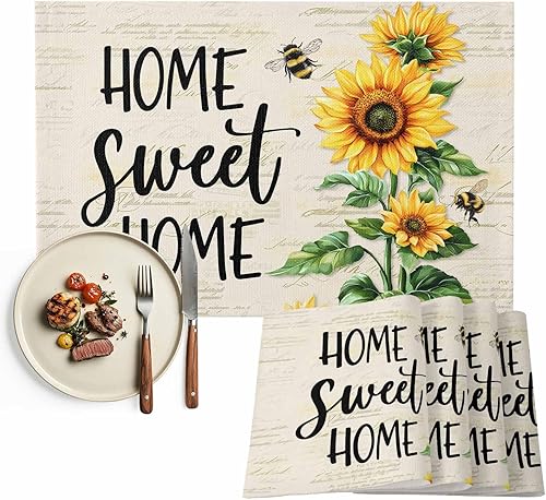 Vintage Sunflower Bee Placemats Set of 4, Farmhouse Summer Table Mat Place Mats 
