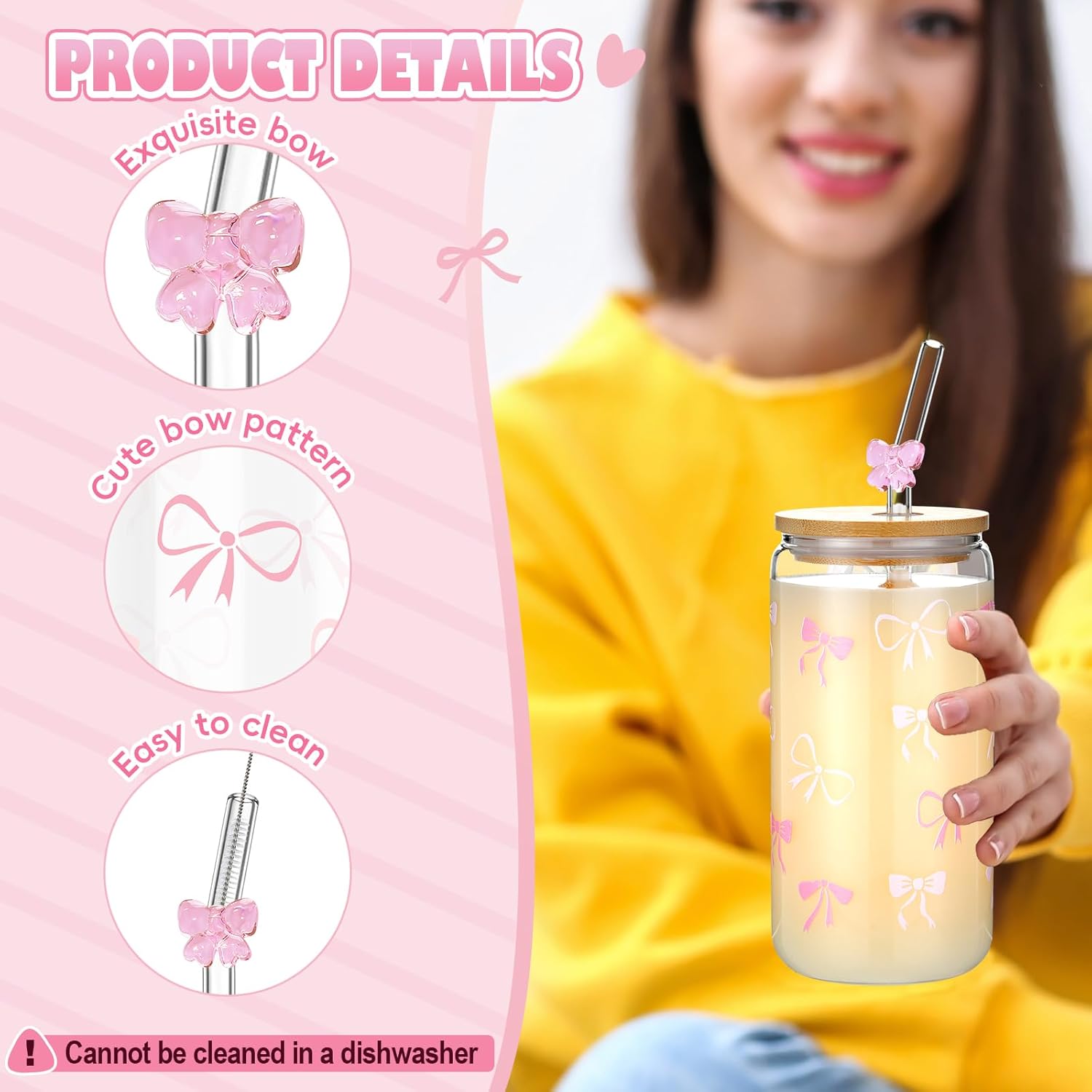 4 Set 16 oz Coquette Bows Glass Cups with Lids and Bows Straws Cleaning Brushes Aesthetic Iced Coffee Cup Reusable Mug for Women Sister Birthday Gift Not Dishwasher Safe(Pink,Bow) - Image 3