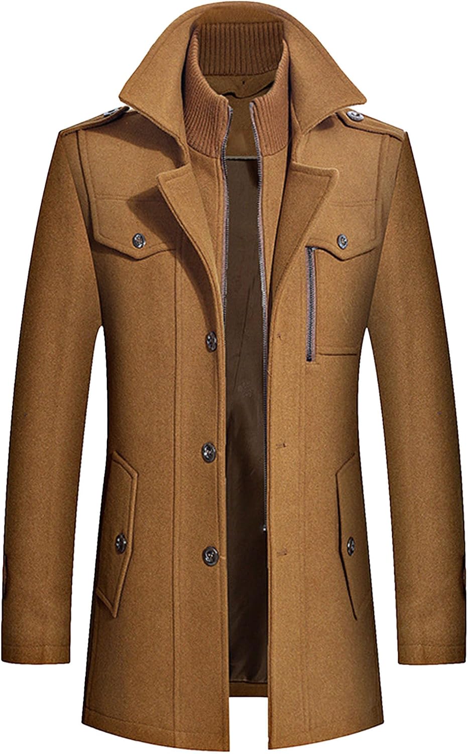 Men'S Stylish Scarf Single Breasted Trench Coat Quilted Lined Wool Blend Pea Coats Casual Thick Winter Jacket