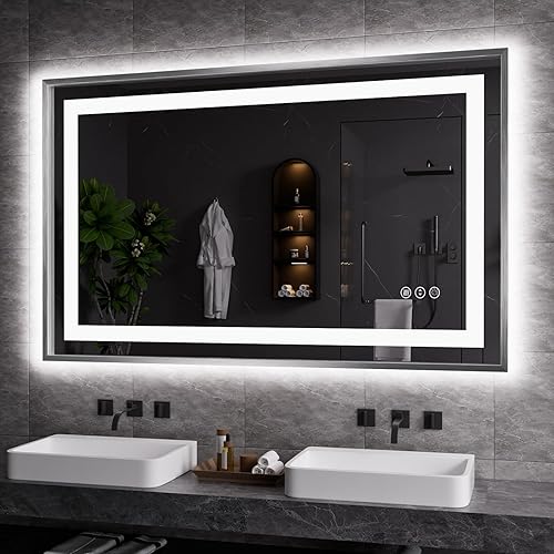 Miniatura 61 de Amorho Espejo de baño LED de 55 x 36 pulgadas, marco negro, luz frontal y retroiluminada, regulable continuamente, antivaho, a prueba de roturas,