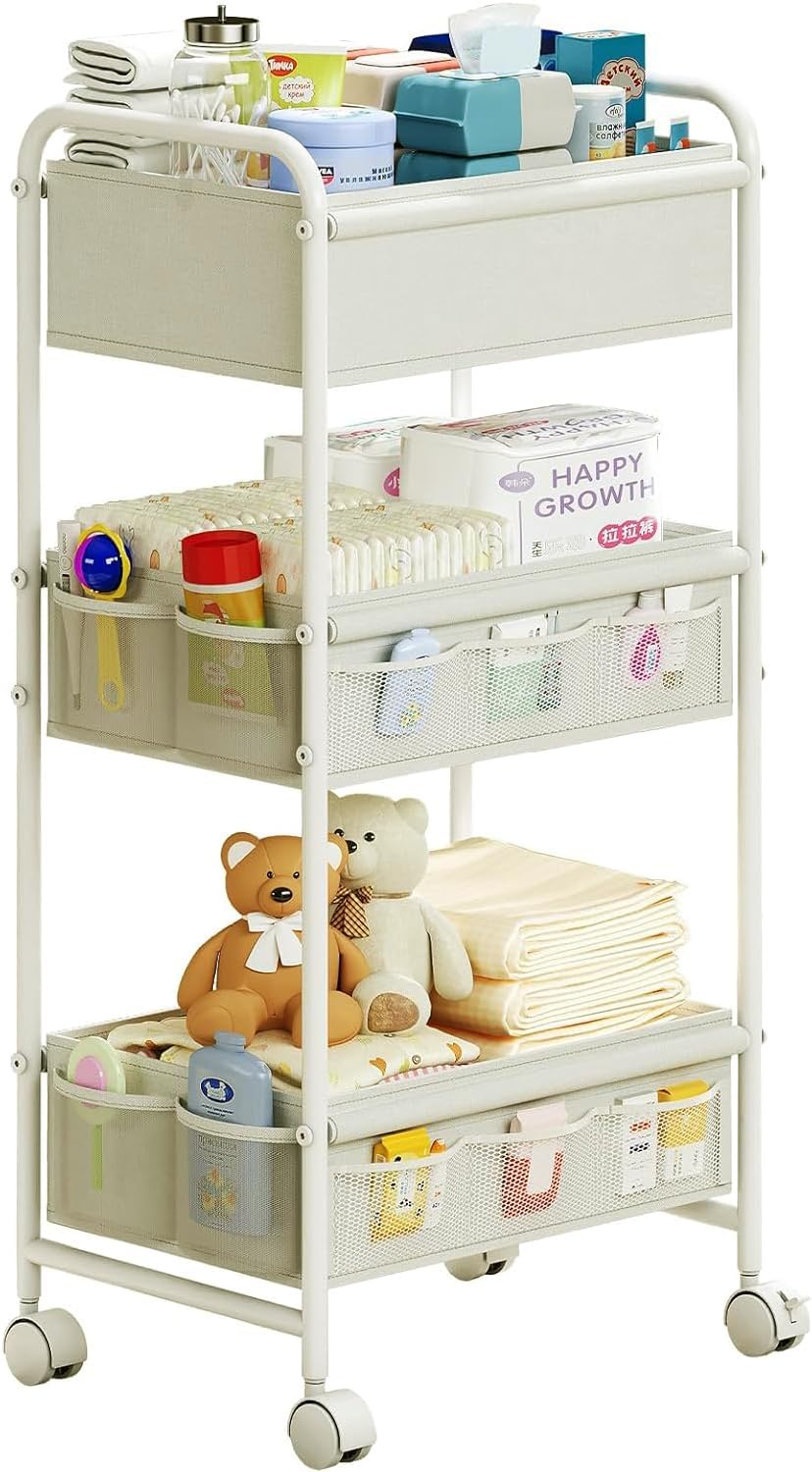3-Tier Baby Diaper Caddy Cart Organizer,Mobile Nursery Storage Cart with Wheels,With 2 Dividers & 14 Mesh Pockets Durable Metal Utility Cart for Nursery, Bedroom, Bathroom Essentials Organization