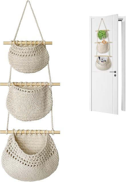 Cotton 3 Tier Hanging wall baskets, Over the Door Organizer,Hanging wall vegetable fruit baskets for Organizing, Wall Basket Decor, Storage baskets for kitchen , Living & Bathroom Bedroom(White)
