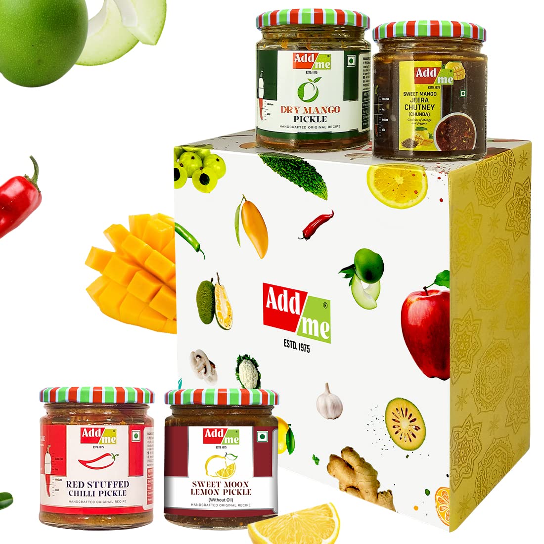 Add me Pickle box Combo Pack 4in1 Red Chilli Pickle 300gm, Dry Mango Pickle 300gm, Sweet Mango Jeera Chutney Chunda 350gm, Sweet lemon Pickle 350grm Gift Pack of 4, Glass Jar