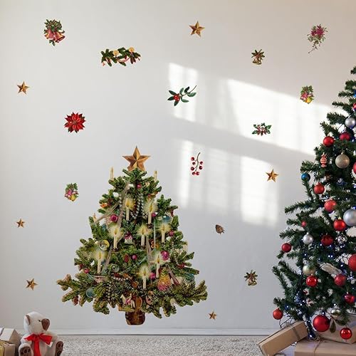Calcomanías de pared para árbol de Navidad vintage de 44.1 x 33.5 pulgadas, calcomanías de acuarela extraíbles, calcomanías de pared para baño,