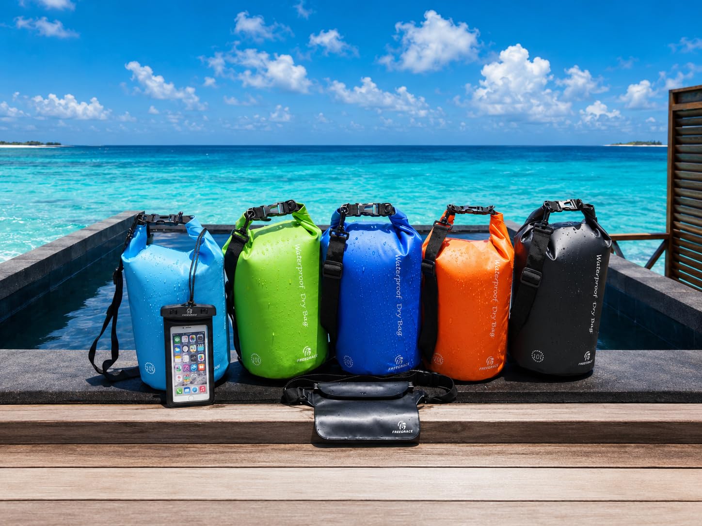 Set de 3 Sacos Secos a Prueba de Agua, por Freegrace – Saco Seco con 2 Sellos Ziplock y Correa Removible. Saco de Cintura y Estuche para Teléfono – Puede Ser Sumergido Bajo el Agua – Para Nadar, Montar Kayak, Montar en Bote, y Hacer Rafting