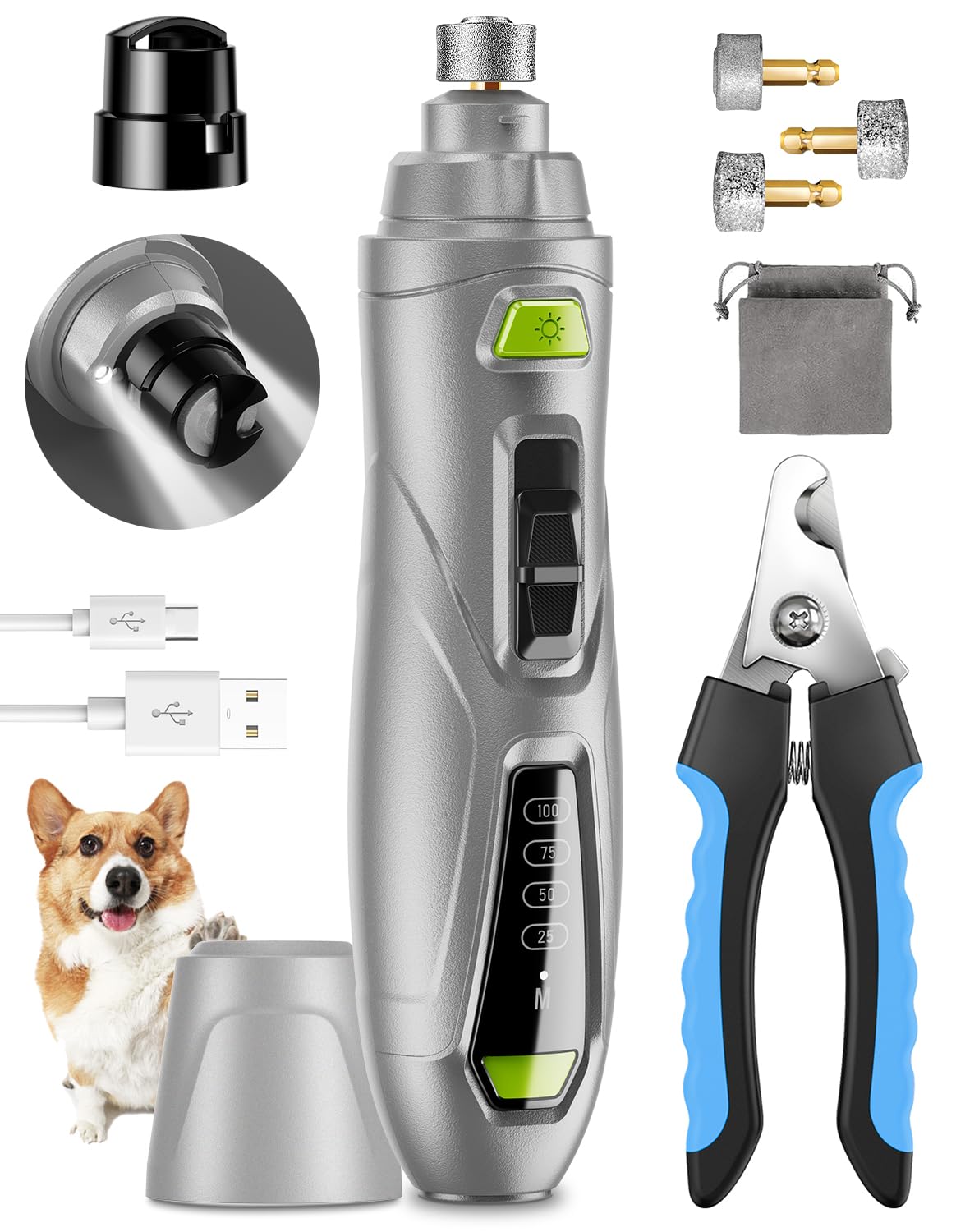 CADOLS Dog Nail Grinder & Clipper 2-in-1 Set - 25dB Ultra Quiet with 3 Grinding Wheels & 2 LED Lights, Rechargeable for Large/Puppy Dogs & Cats, 3-