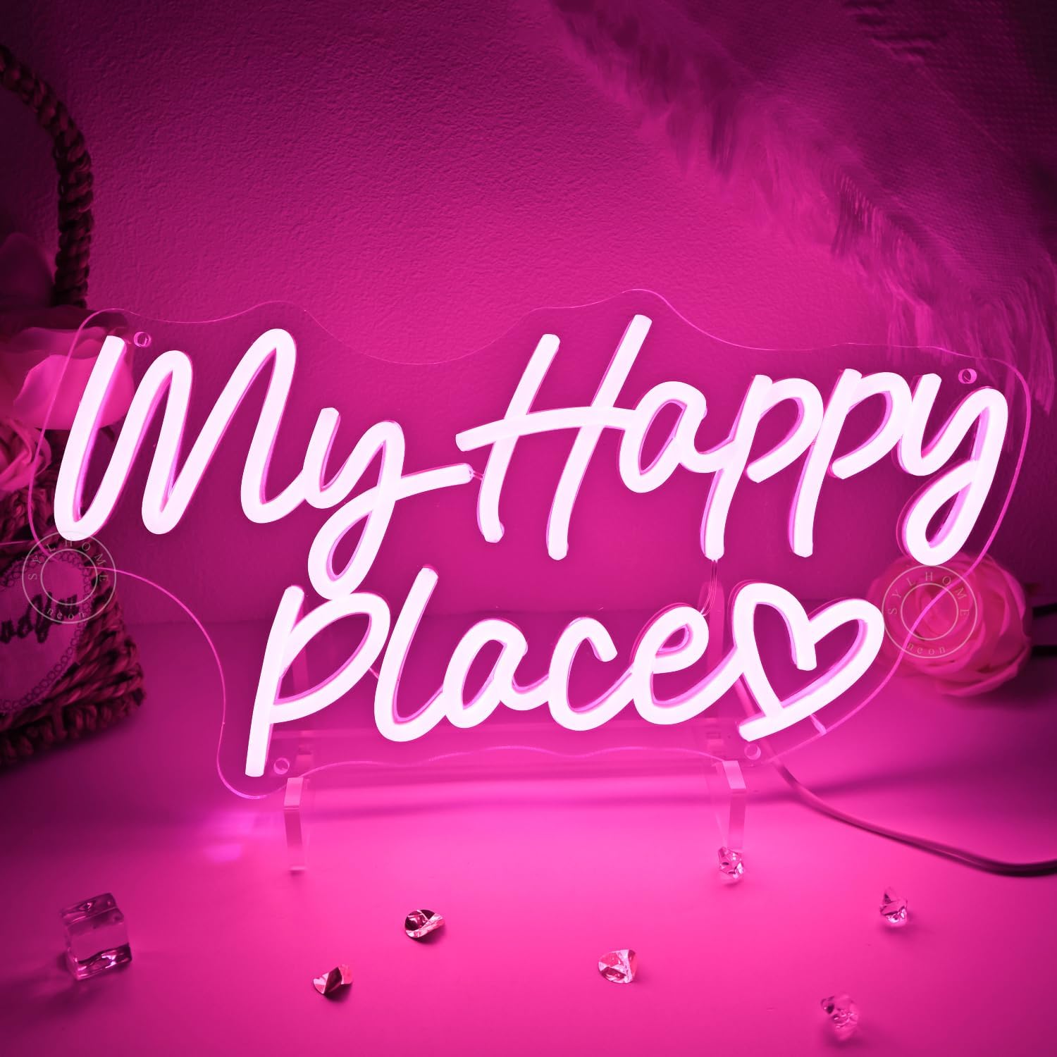 SYLHOME My Happy Place Led Neon Light Sign Bedroom Kids Room Wedding Birthday Party Christmas Wall Sign decor Girl Game Room Decor USB 15.75" X 7.9" Dimmer Pink