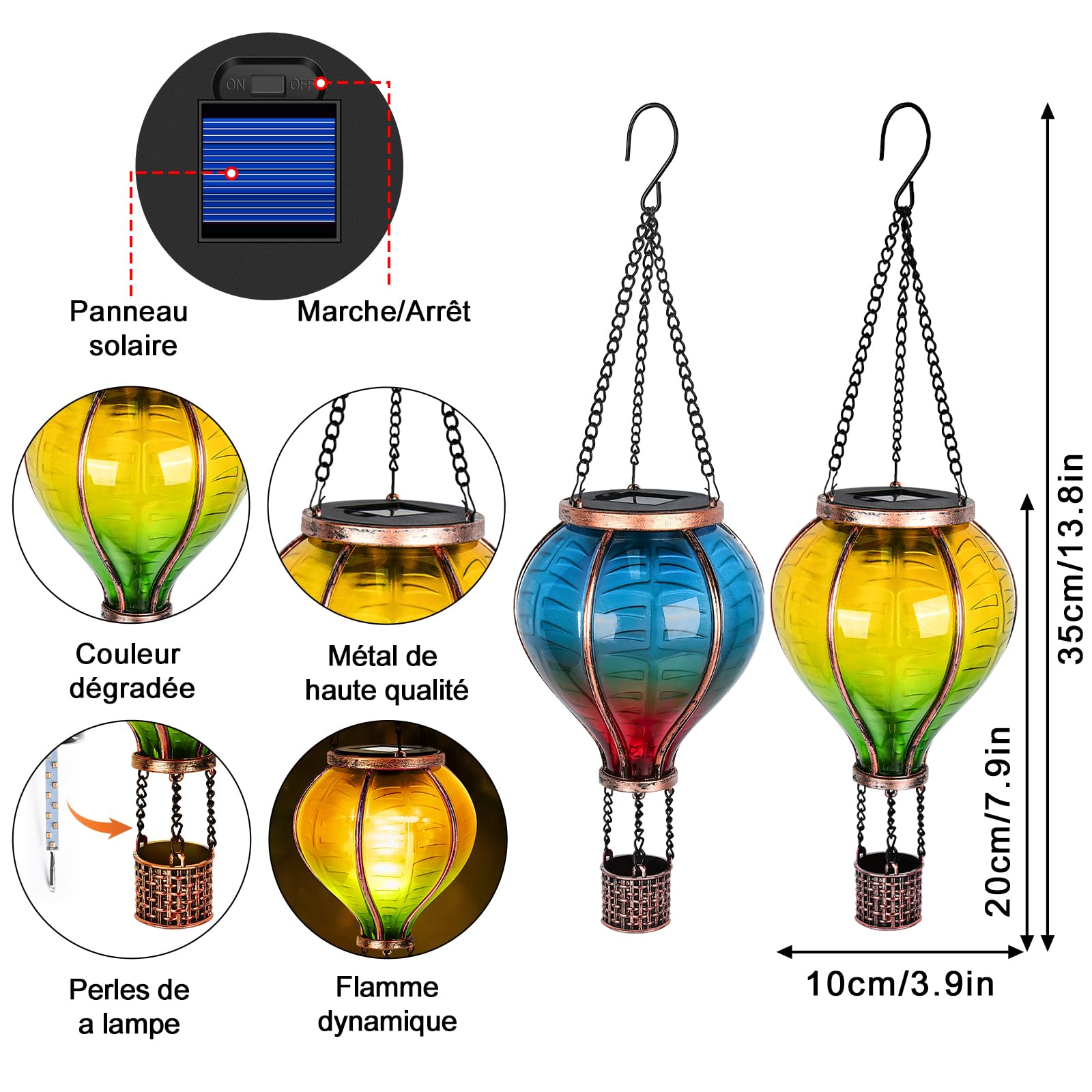 IEEILULU 2PCS Lanterne Solaire Exterieur, Montgolfière Lanterne Exterieur avec Effet de Flamme, Lumière Extérieure LED Étanche pour Terrasse Extérieure Balcon Chemin