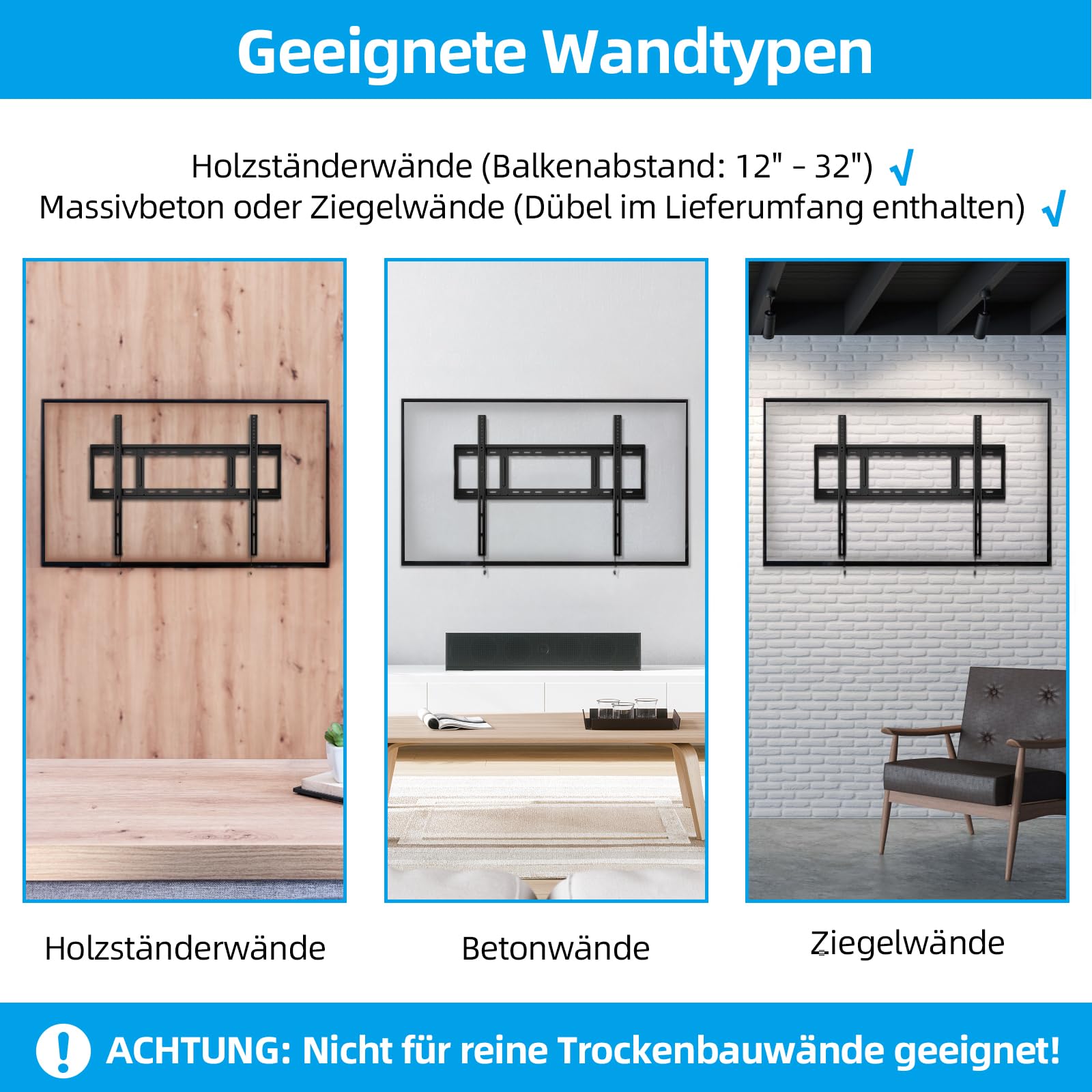 Home Vision TV Wandhalterung 48–120 Zoll Fest, Ultra Flach & Schwerlast bis 120 kg (264 lbs), Max. VESA 800x600, Extra Stabile TV Halterung Fixed, Low Profile Wandhalterung für Große Fernseher