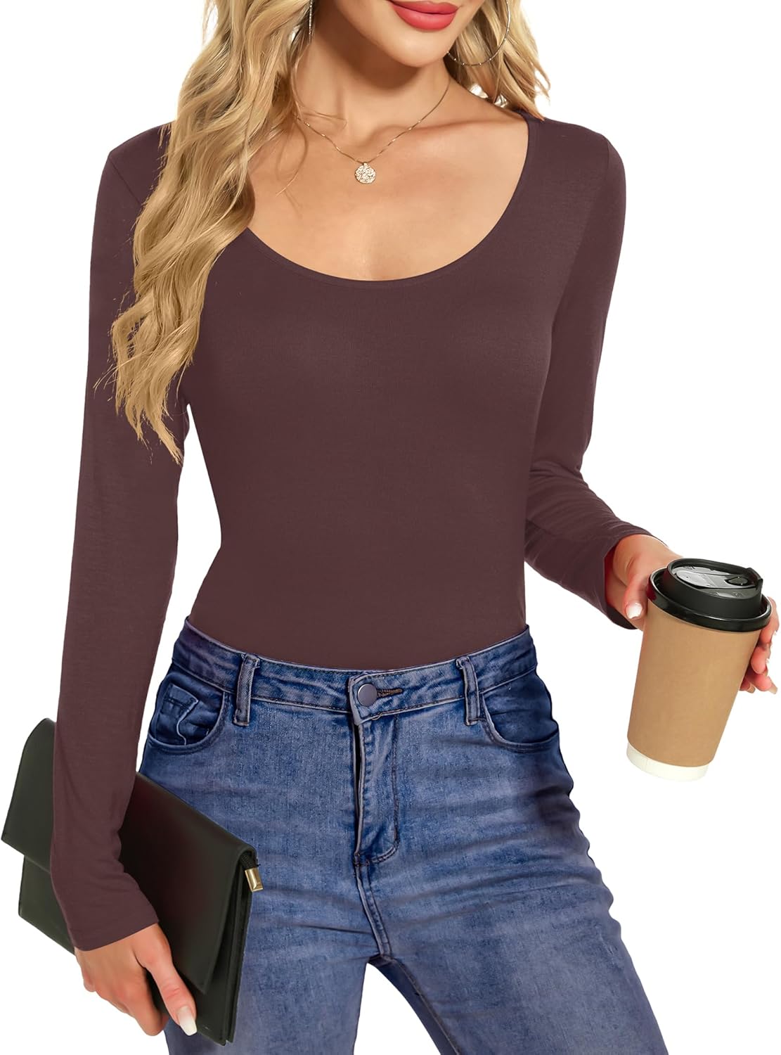 Amoretu Women's Scoop Neck Short/Long Sleeve Tees Cotton T Shirts Blouses Tops - Image 2