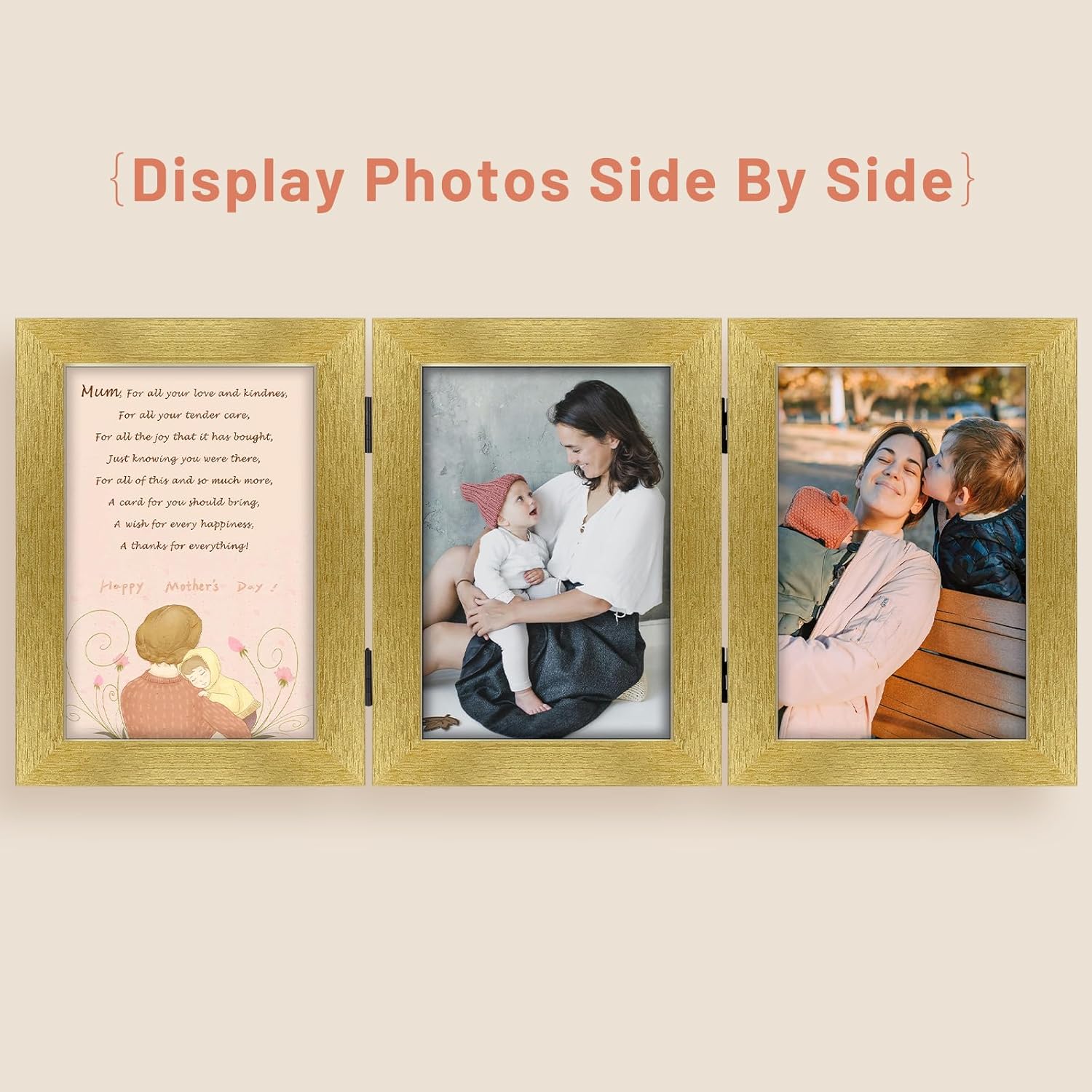 Golden State Art, 5x7 Three Picture Frame Trifold Hinged Photo Frame with 3 Openings, Desk Top Family Picture Collage, with Real Glass (5x7 Triple, Gold, 2-Pack)