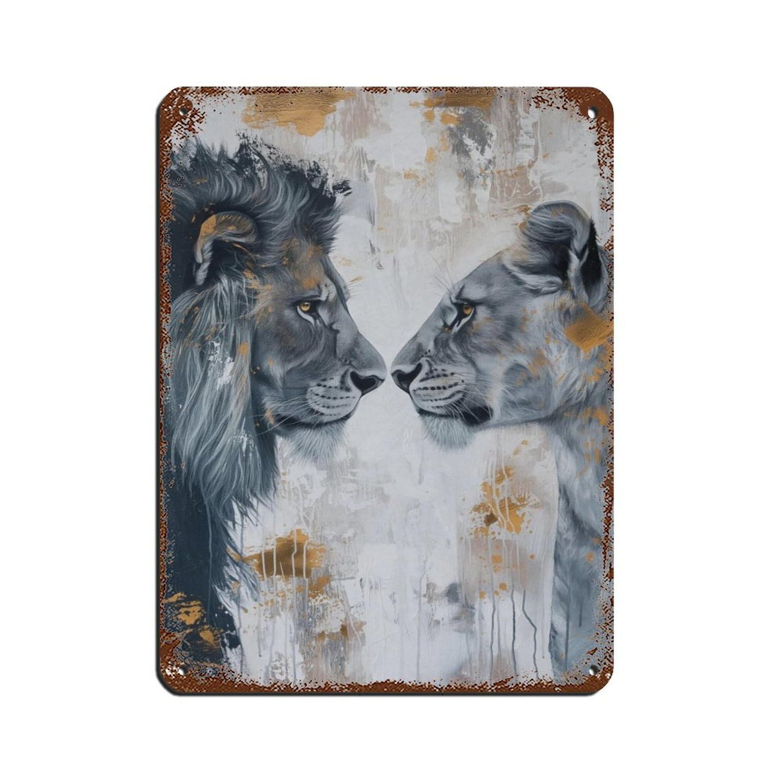 Lion And Lioness Staring at Each Other, Couple Art Tin Sign Vintage Metal Pub Club Cafe Bar Home Wall Art Decoration Poster Retro 12x16inch(30x40cm)