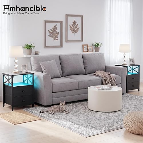 Miniatura 9 de AMHANCIBLE Juego de 2 mesitas de noche, mesita de noche LED con estación de carga, mesas auxiliares para sala de estar con cajones de tela, mesita