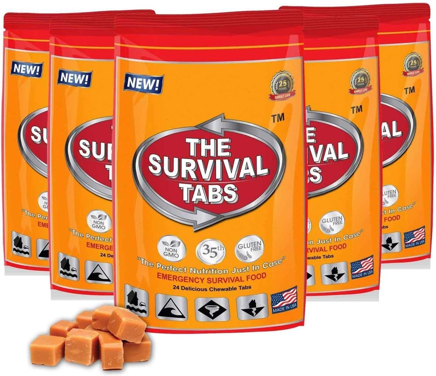 The Survival Tabs 10-Day Snack Food - Emergency Food MRE for Outdoor Activities Gluten-Free, Non-GMO 25 Years Shelf Life (5 Pouches x 24 Tablets = 120Tablets/Butterscotch)
