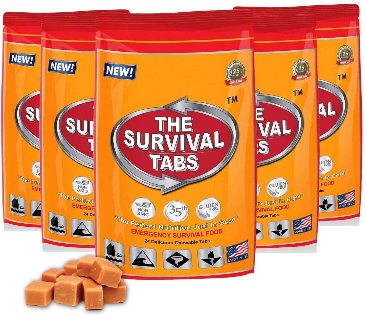10-Day Snack Food - Emergency Survival Food MRE for Outdoor Activities Gluten-Free, Non-GMO 25 Years Shelf Life (5 Pouches x 24 Tablets = 120Tablets/Butterscotch)
