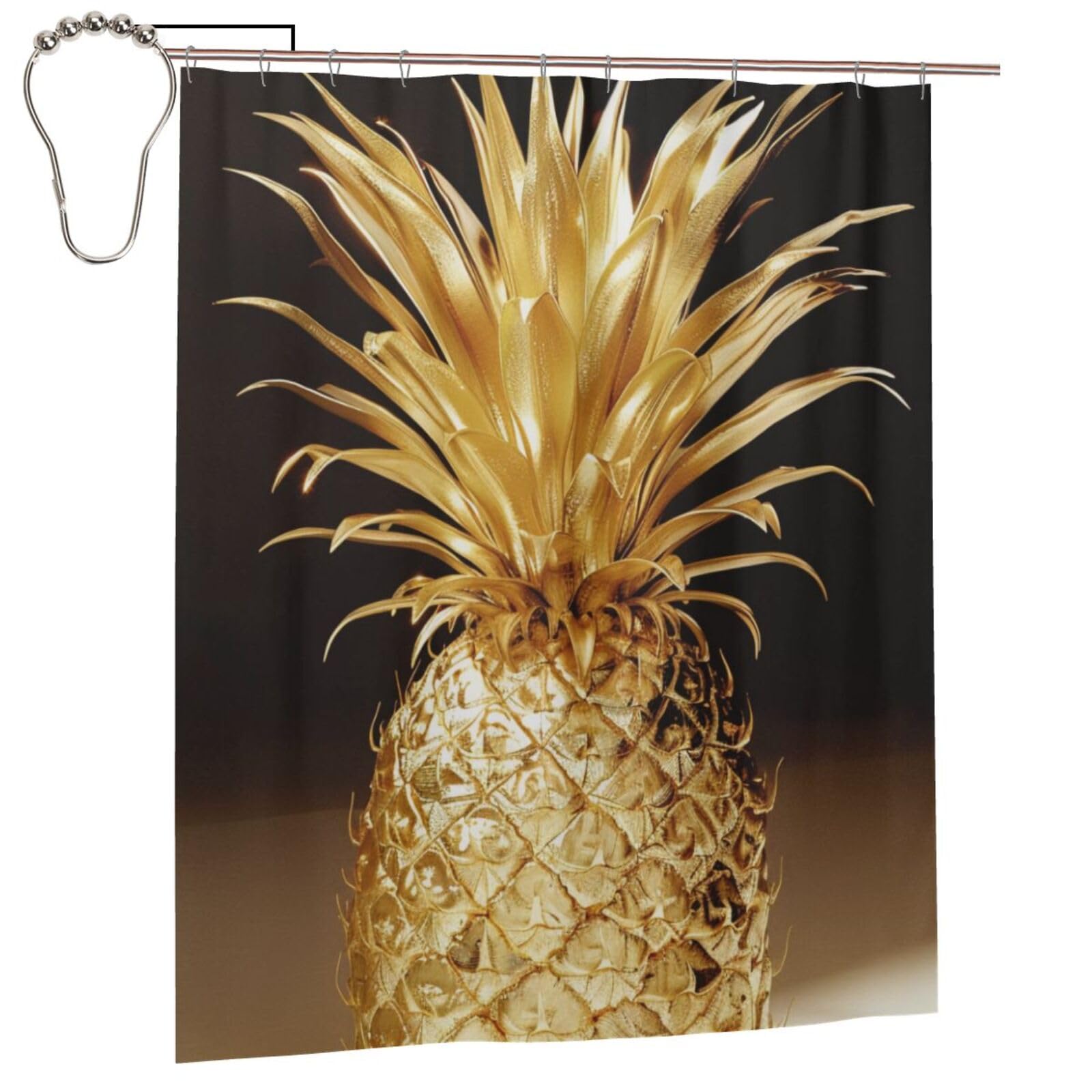 BWWHCCTI Gold Pineapple Printed Shower Curtain With 12 Iron Hooks Opaque Quick Drying Waterproof Shower Curtains Sets For Bathroom 152x183 Cm