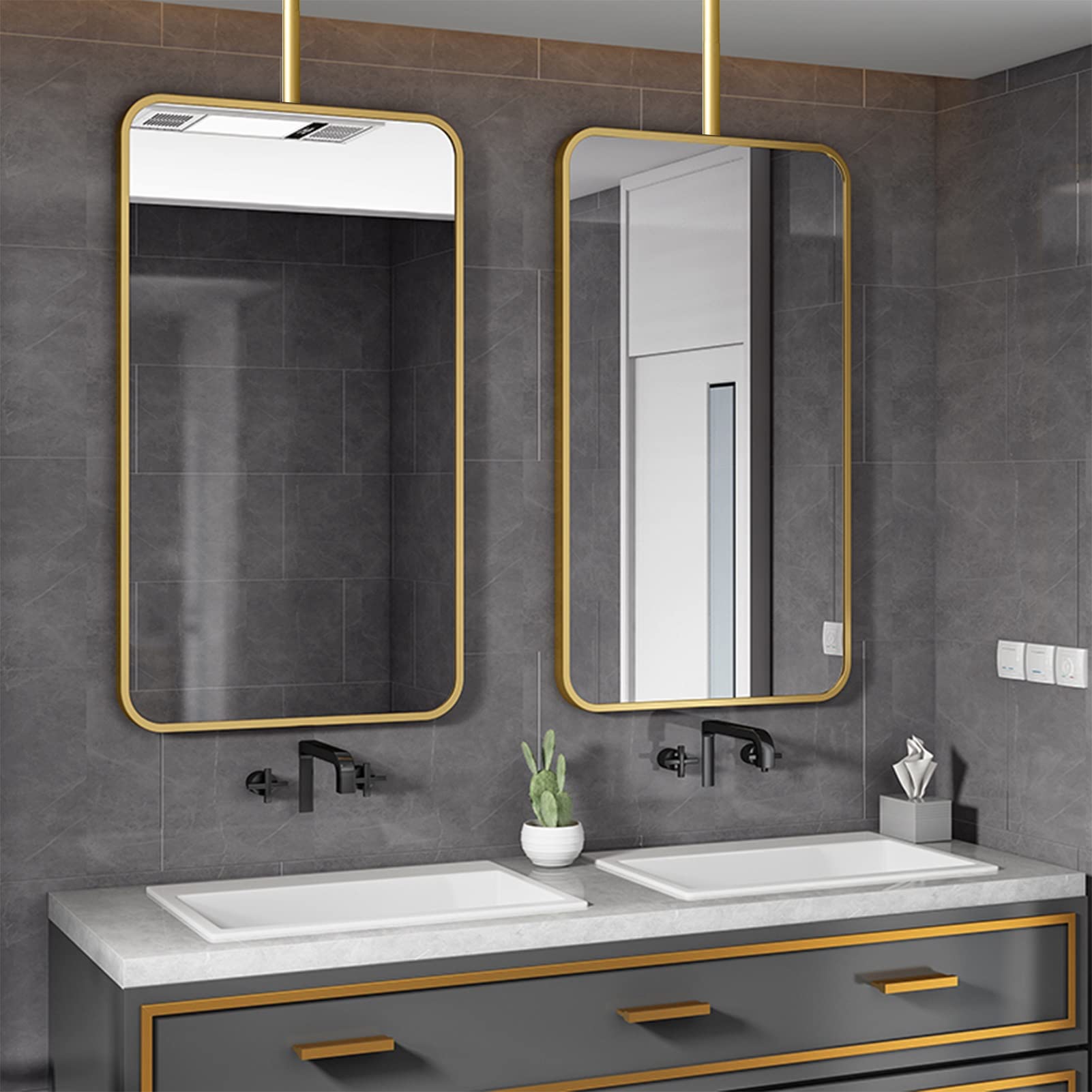 SXFSDOU Rectangular Hanging Rod Mirror Nordic Gold Ceiling Mounted for Bathroom Washroom Makeup Shaving Floating Simple Home or Hotel Customizable Metal Boom (Size : 50cmx70cm)